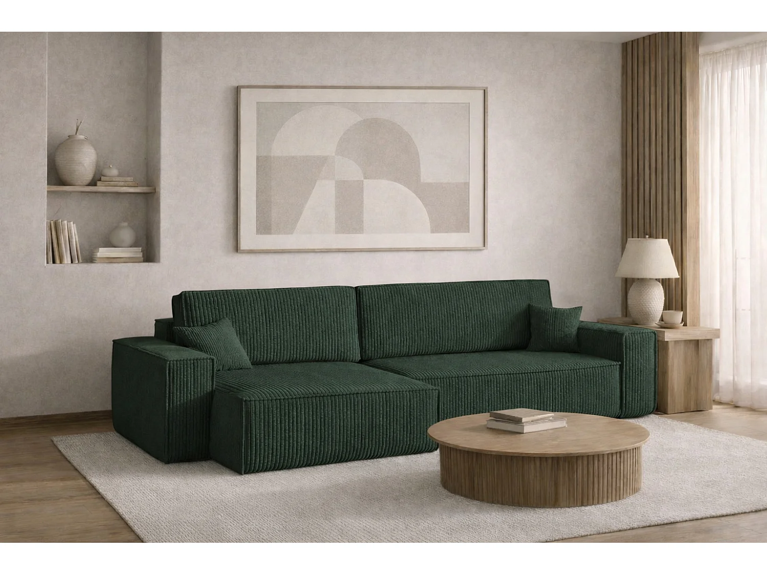 Canapé d’angle en L avec fonction couchage et coffre de rangement, tissu Poso velours côtelé épais, Vert, Gauche, BEST XL