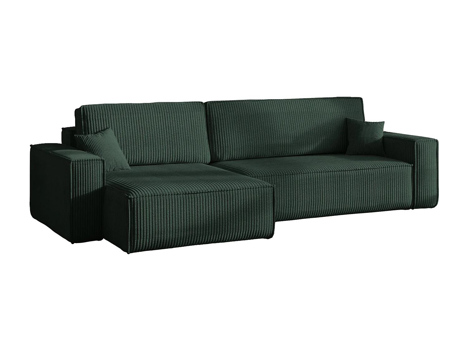 Canapé d’angle en L avec fonction couchage et coffre de rangement, tissu Poso velours côtelé épais, Vert, Gauche, BEST XL