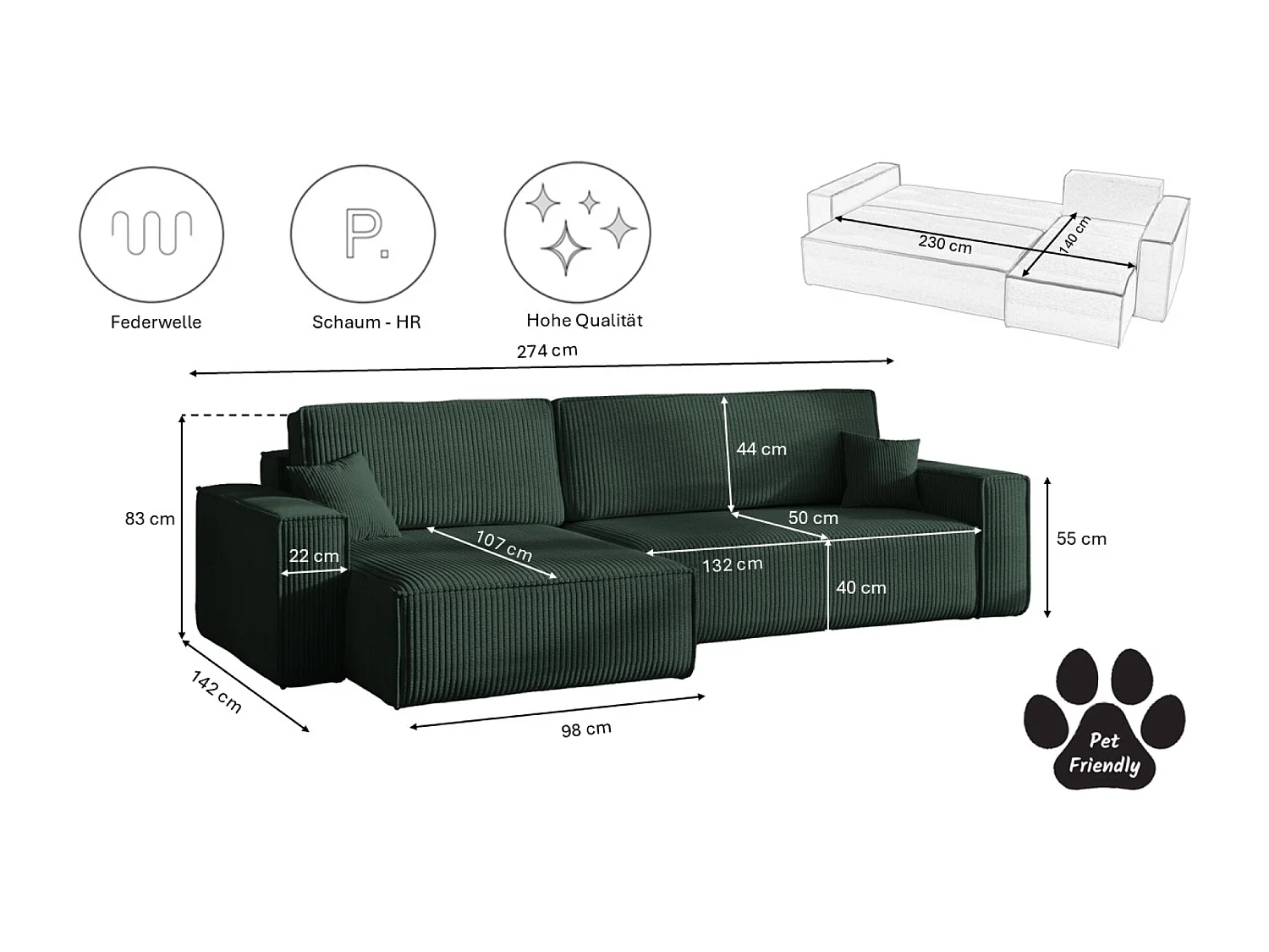 Canapé d’angle en L avec fonction couchage et coffre de rangement, tissu Poso velours côtelé épais, Vert, Gauche, BEST XL