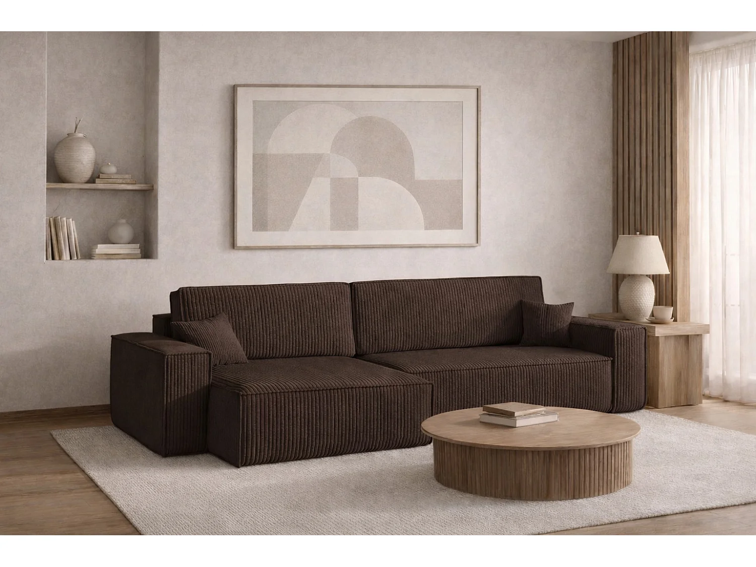 Hoekbank L-vorm met slaapfunctie en opbergruimte, stof Poso dikke cord, Bruin, Links, BEST XL