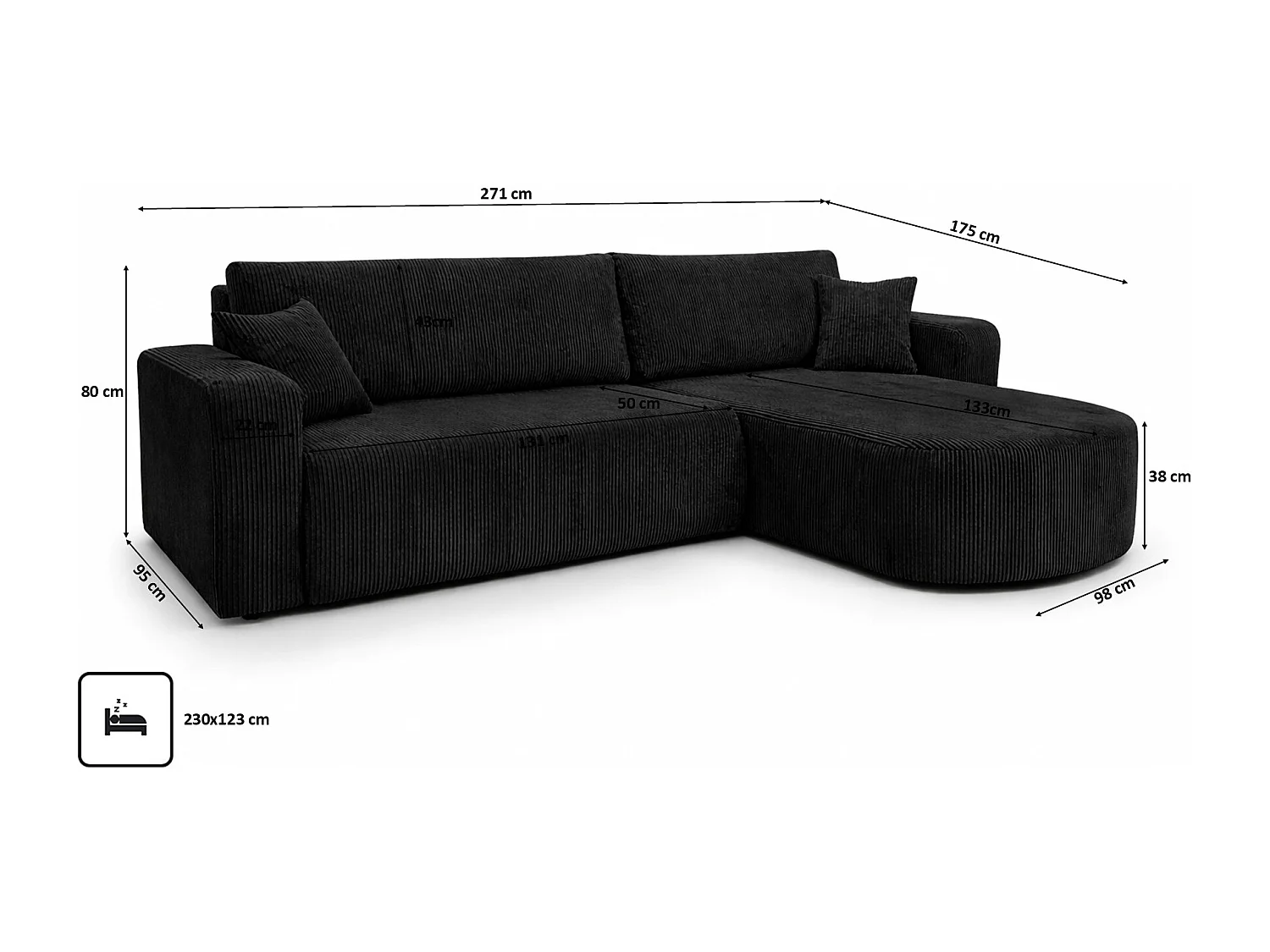 Hoekbank met slaapfunctie, koordstof Poso, Zwart, Rechts, ROUND ONE XL