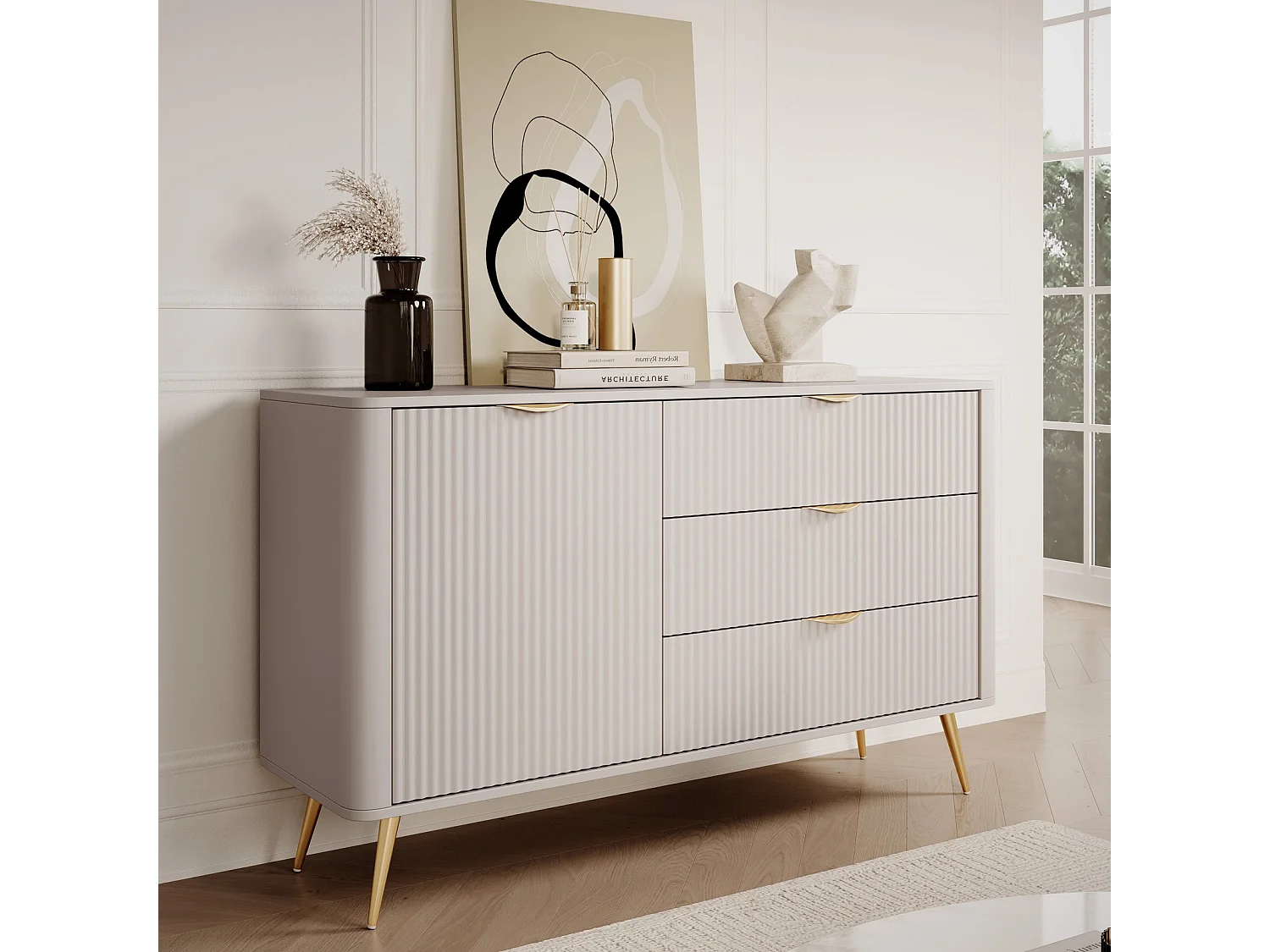 Sideboard Kommode Flore 1 Tür und 3 Schubladen mit geriffelten Fronten - Beige und Gold - 138 cm