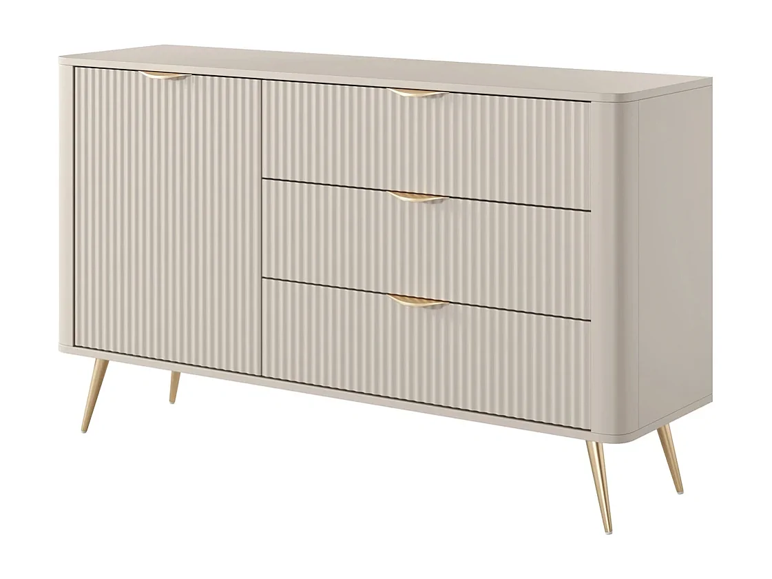 Sideboard Kommode Flore 1 Tür und 3 Schubladen mit geriffelten Fronten - Beige und Gold - 138 cm