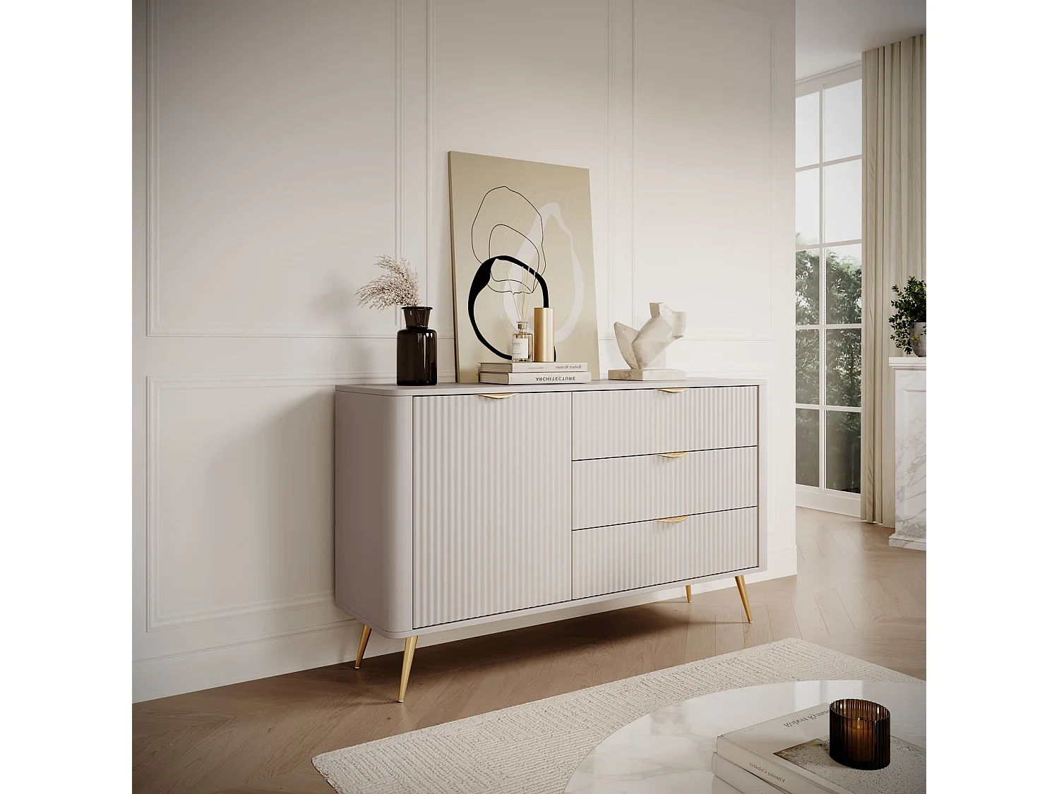 Sideboard Kommode Flore 1 Tür und 3 Schubladen mit geriffelten Fronten - Beige und Gold - 138 cm
