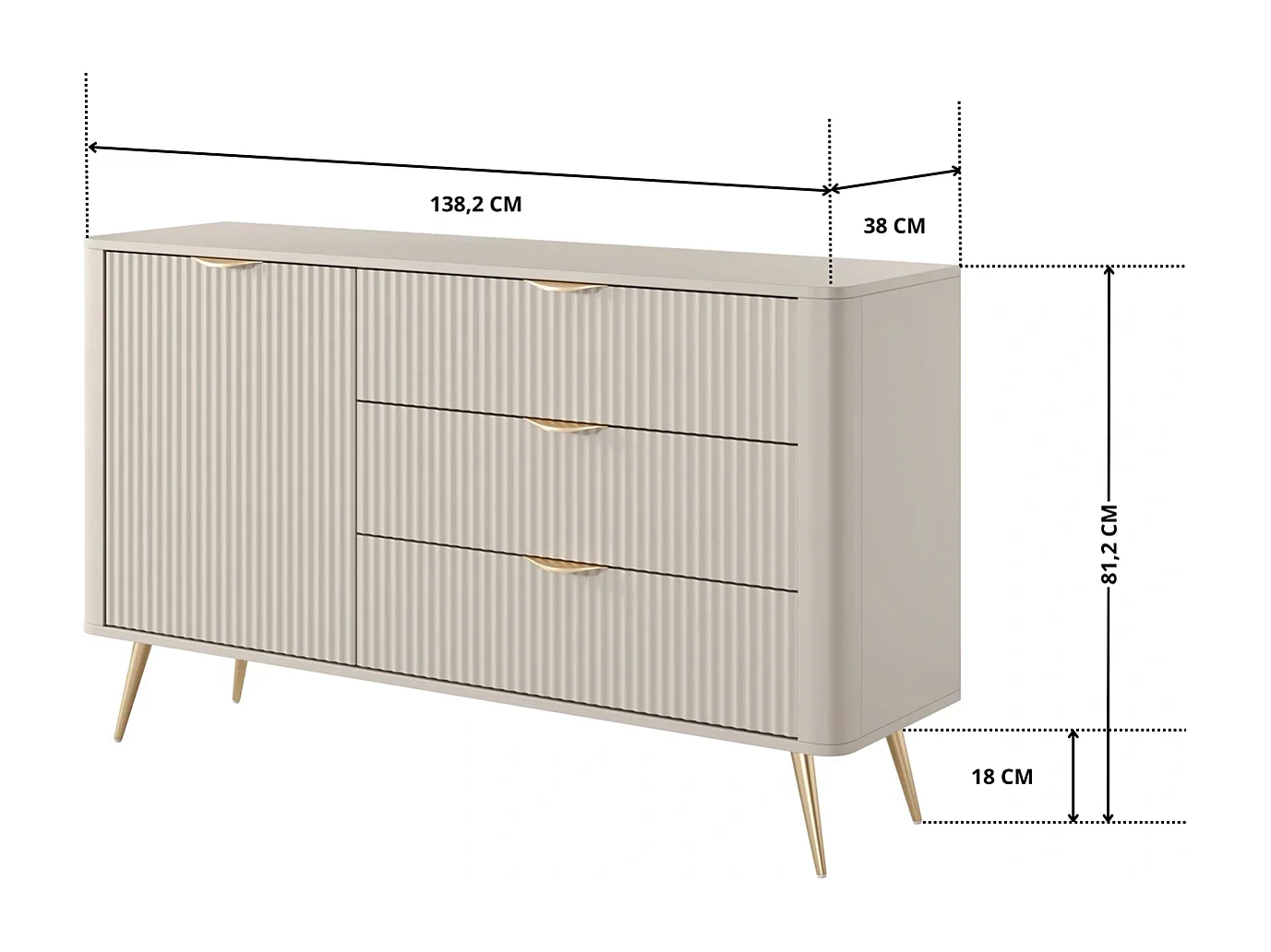 Sideboard Kommode Flore 1 Tür und 3 Schubladen mit geriffelten Fronten - Beige und Gold - 138 cm