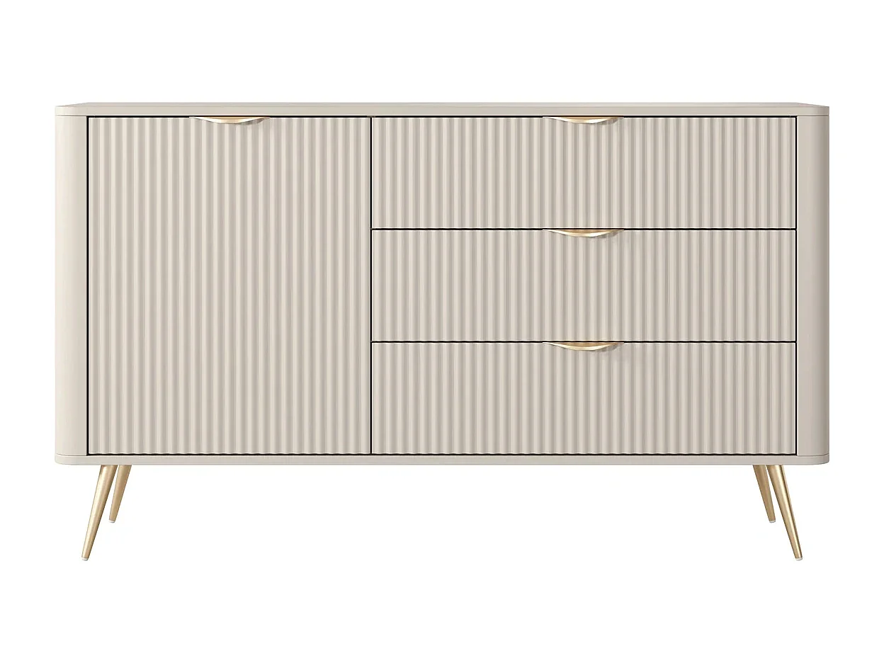 Sideboard Kommode Flore 1 Tür und 3 Schubladen mit geriffelten Fronten - Beige und Gold - 138 cm