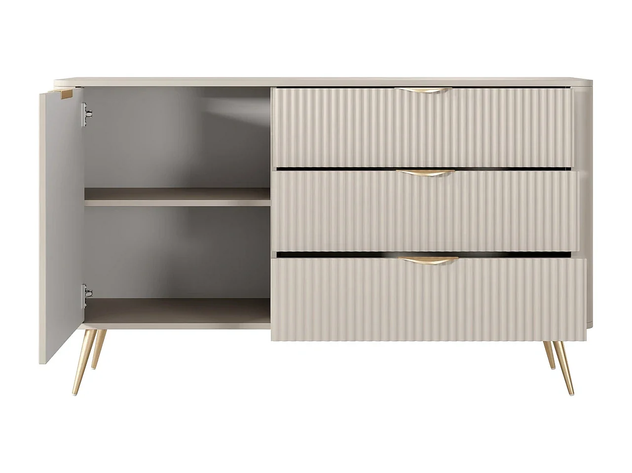 Sideboard Kommode Flore 1 Tür und 3 Schubladen mit geriffelten Fronten - Beige und Gold - 138 cm