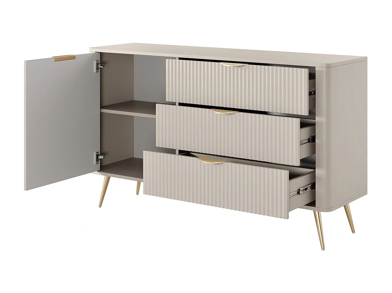 Sideboard Kommode Flore 1 Tür und 3 Schubladen mit geriffelten Fronten - Beige und Gold - 138 cm
