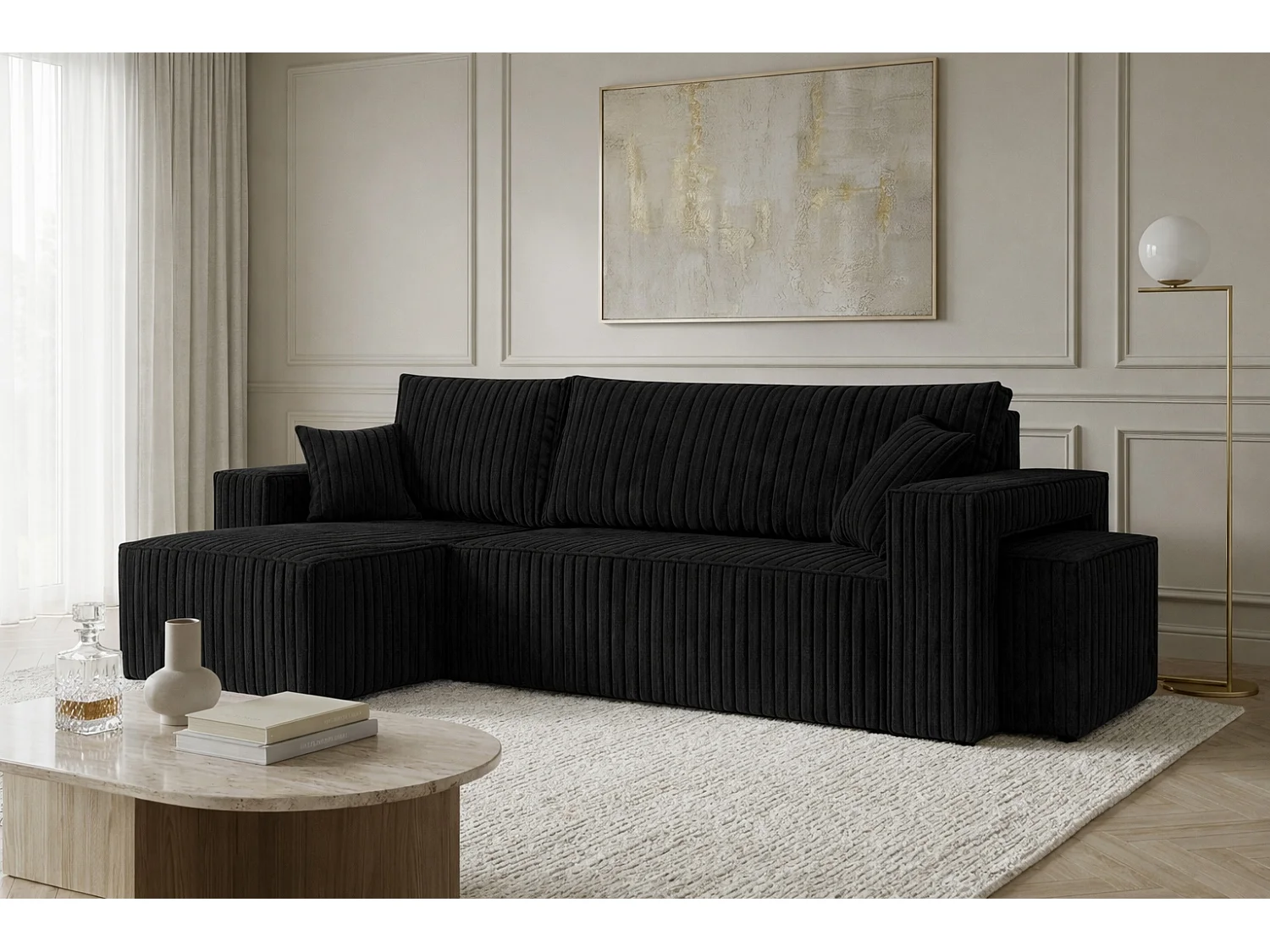 Canapé d’angle avec fonction couchage et pouf, tissu en velours côtelé Tilia, Noir, Gauche, BEST L avec pouf