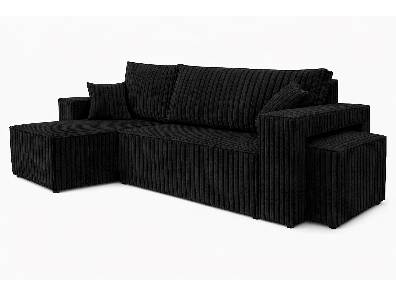 Canapé d’angle avec fonction couchage et pouf, tissu en velours côtelé Tilia, Noir, Gauche, BEST L avec pouf