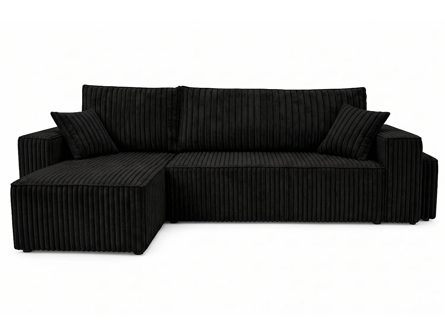 Canapé d’angle avec fonction couchage et pouf, tissu en velours côtelé Tilia, Noir, Gauche, BEST L avec pouf