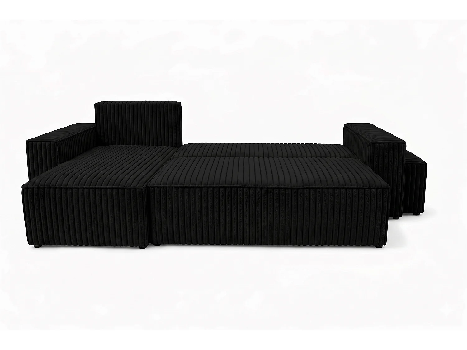 Canapé d’angle avec fonction couchage et pouf, tissu en velours côtelé Tilia, Noir, Gauche, BEST L avec pouf