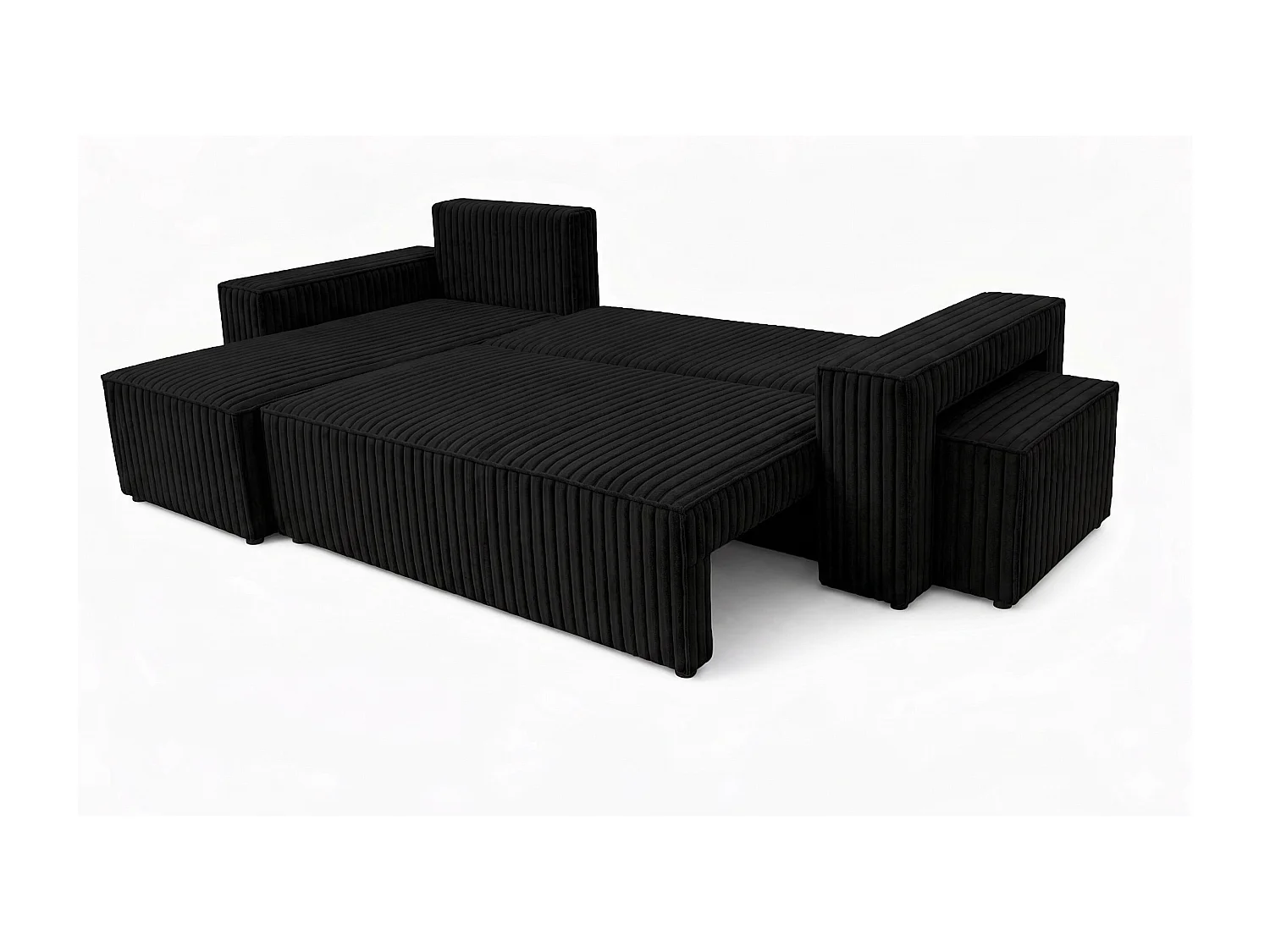 Canapé d’angle avec fonction couchage et pouf, tissu en velours côtelé Tilia, Noir, Gauche, BEST L avec pouf