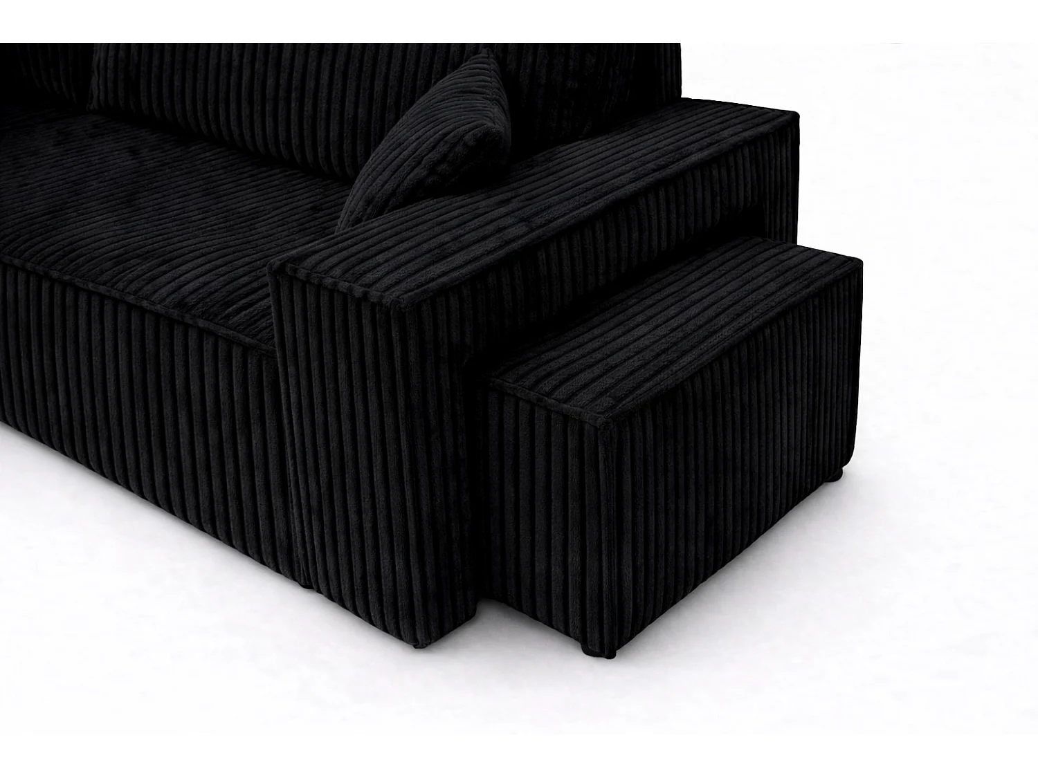 Canapé d’angle avec fonction couchage et pouf, tissu en velours côtelé Tilia, Noir, Gauche, BEST L avec pouf