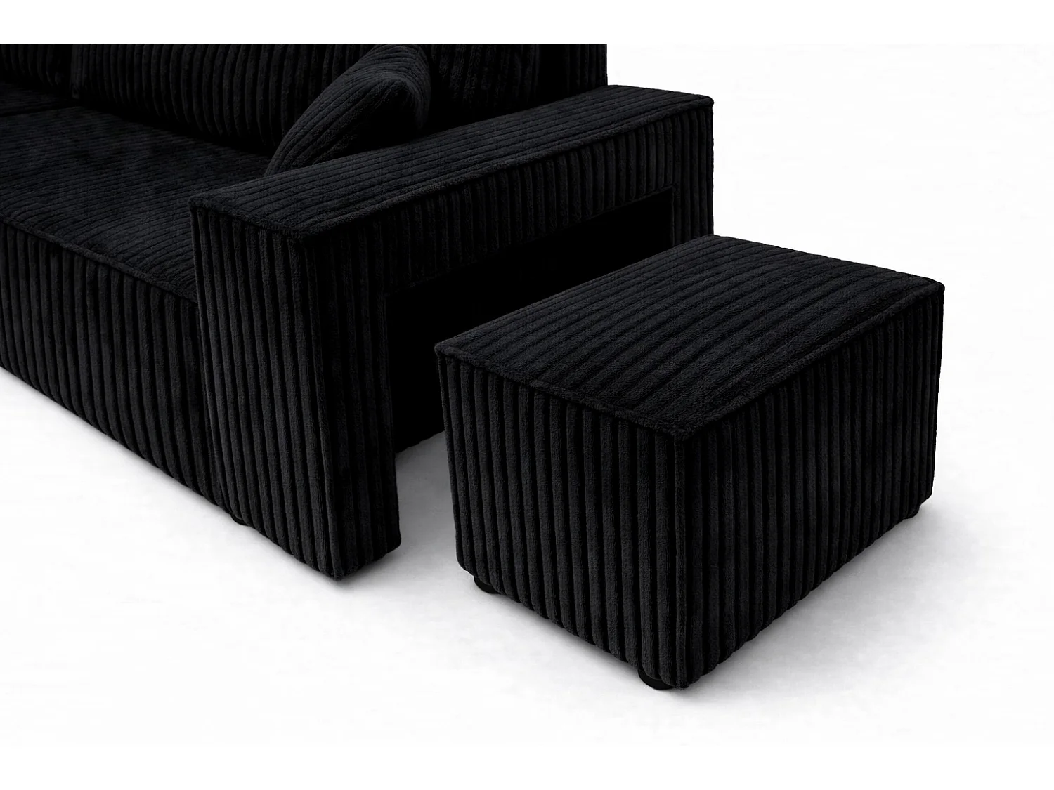 Canapé d’angle avec fonction couchage et pouf, tissu en velours côtelé Tilia, Noir, Gauche, BEST L avec pouf