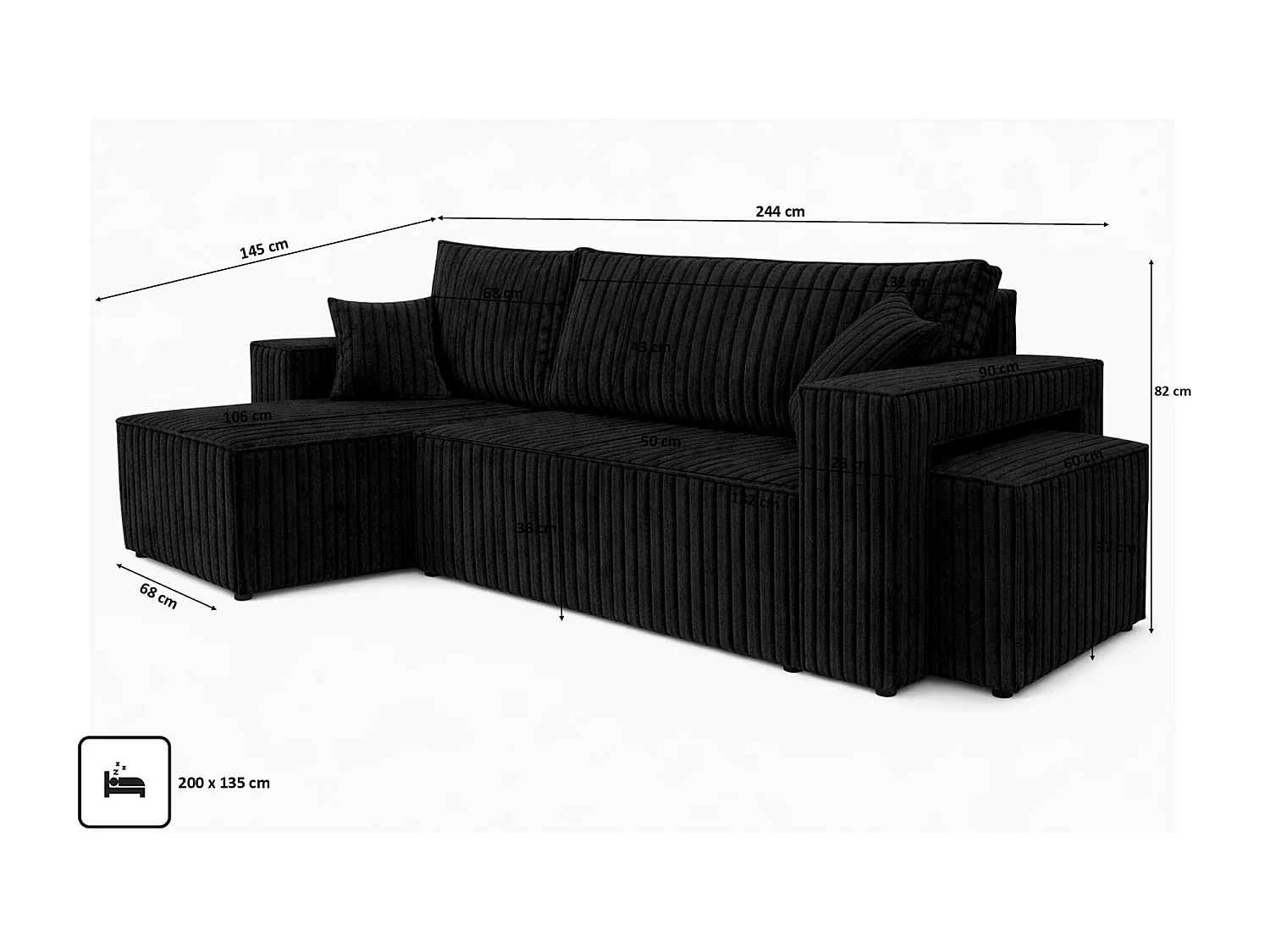 Canapé d’angle avec fonction couchage et pouf, tissu en velours côtelé Tilia, Noir, Gauche, BEST L avec pouf