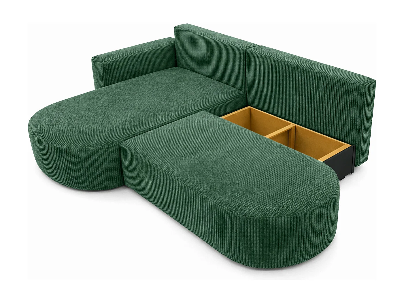 Canapé d’angle convertible avec coffre de rangement, tissu côtelé Poso, Vert, Gauche, ROUND ONE OPEN XL