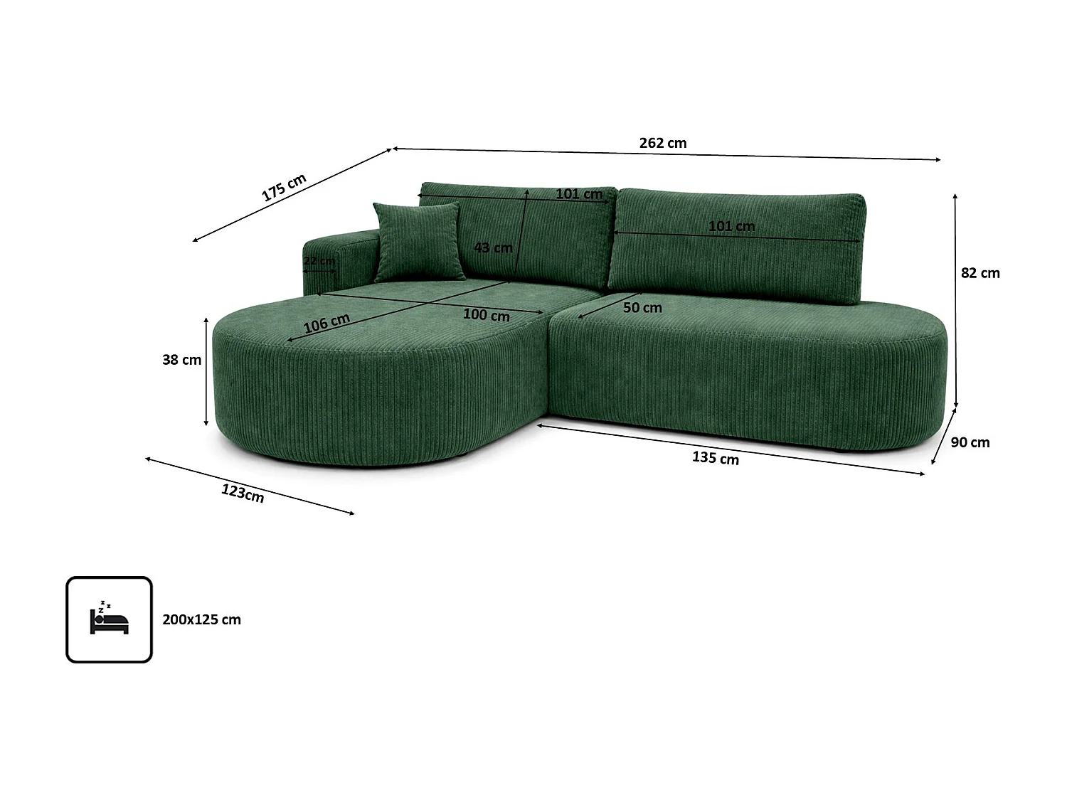 Canapé d’angle convertible avec coffre de rangement, tissu côtelé Poso, Vert, Gauche, ROUND ONE OPEN XL