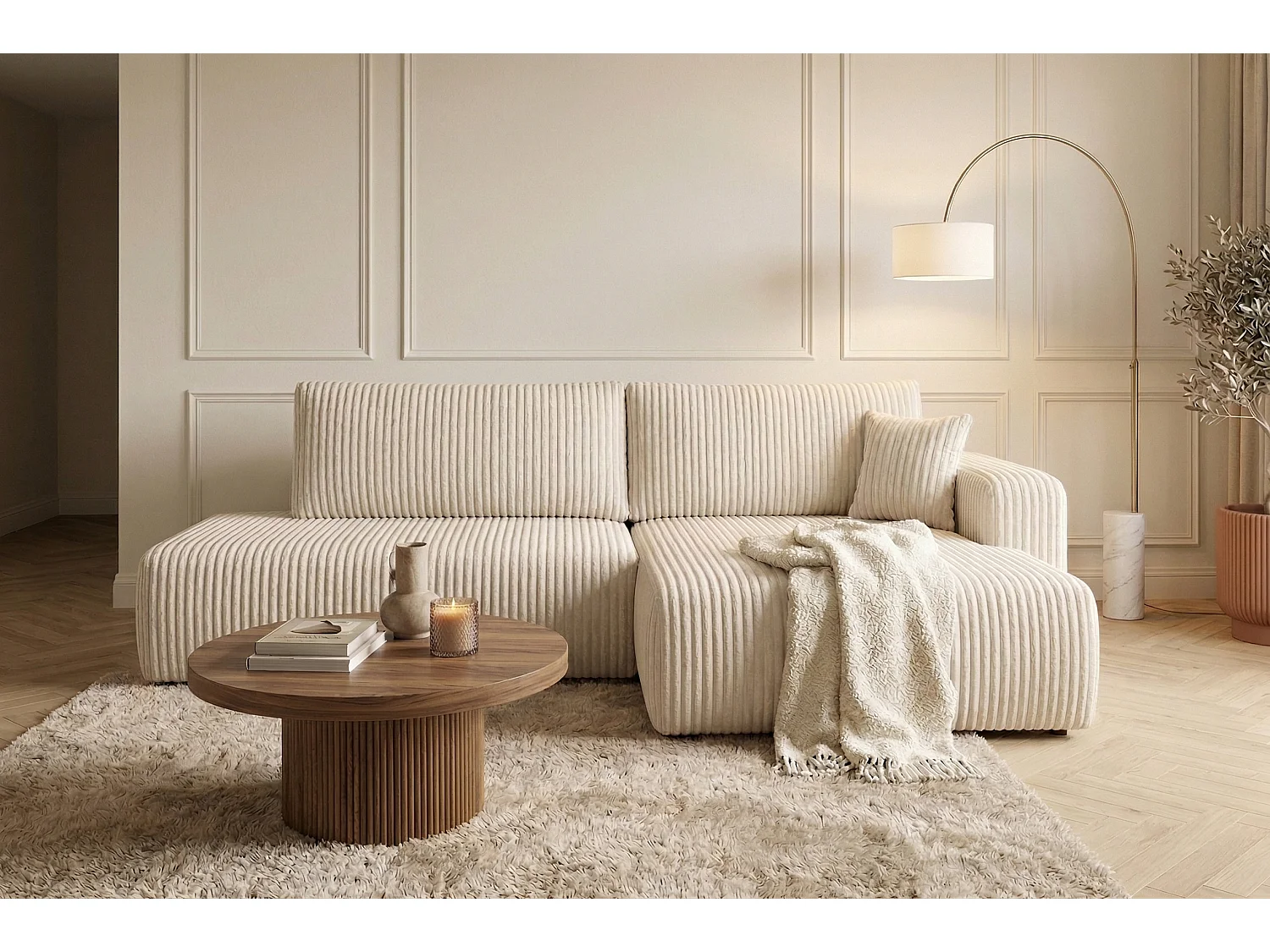 Canapé d’angle avec fonction couchage et coffre de rangement, tissu en velours côtelé Tilia, Écru, Droite, OPEN XL