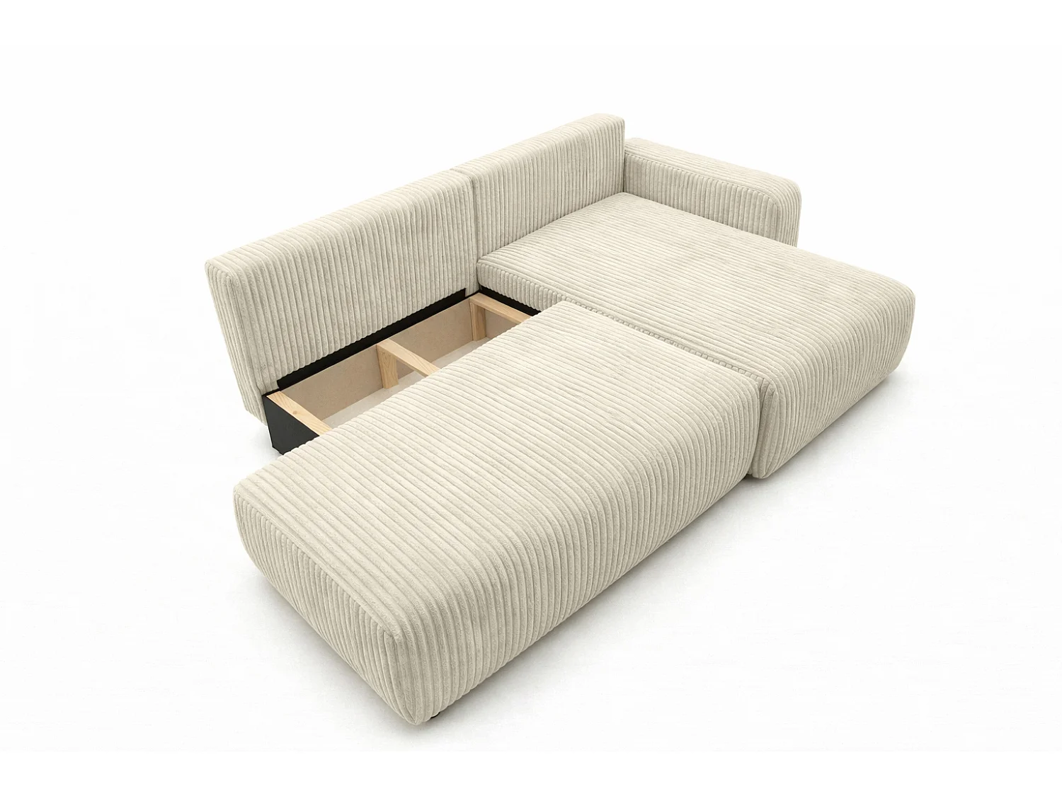 Canapé d’angle avec fonction couchage et coffre de rangement, tissu en velours côtelé Tilia, Écru, Droite, OPEN XL
