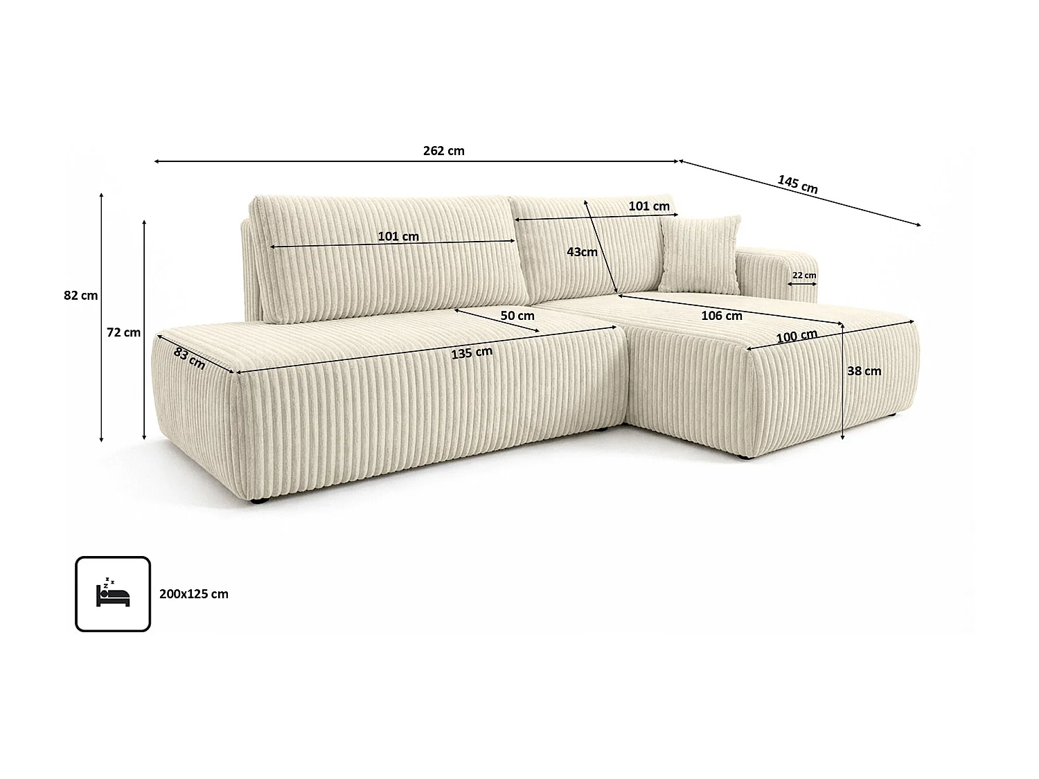 Canapé d’angle avec fonction couchage et coffre de rangement, tissu en velours côtelé Tilia, Écru, Droite, OPEN XL