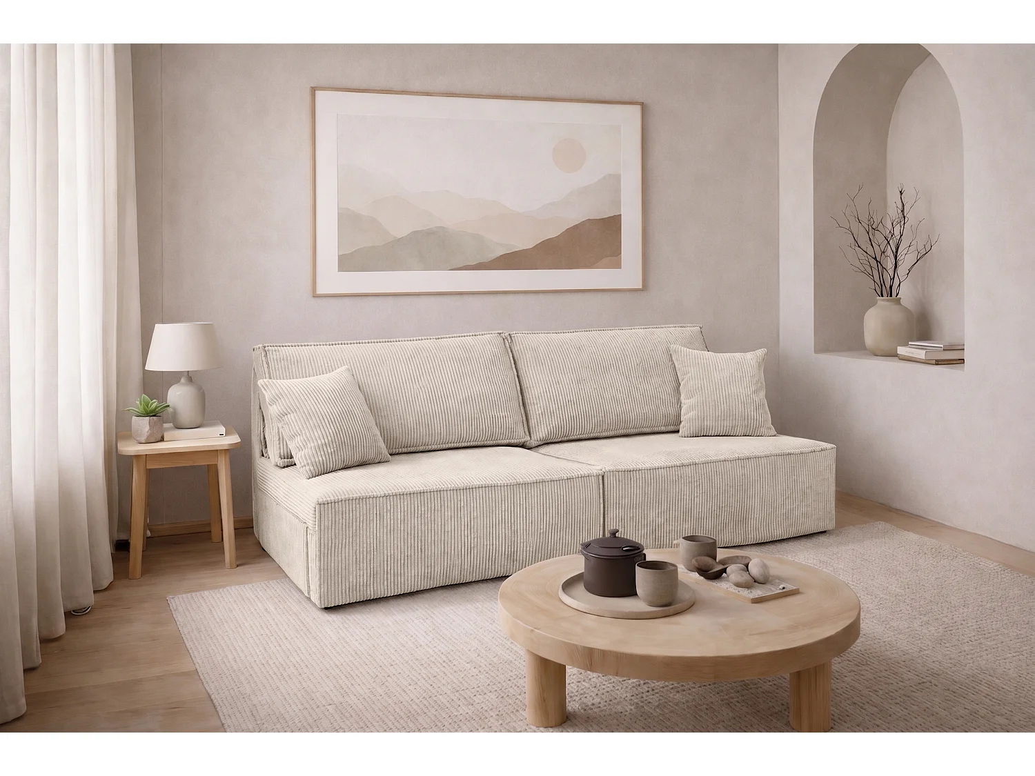 Sofa mit Schlaffunktion und Bettkasten, Cordstoff Poso, Beige, BEST MINI