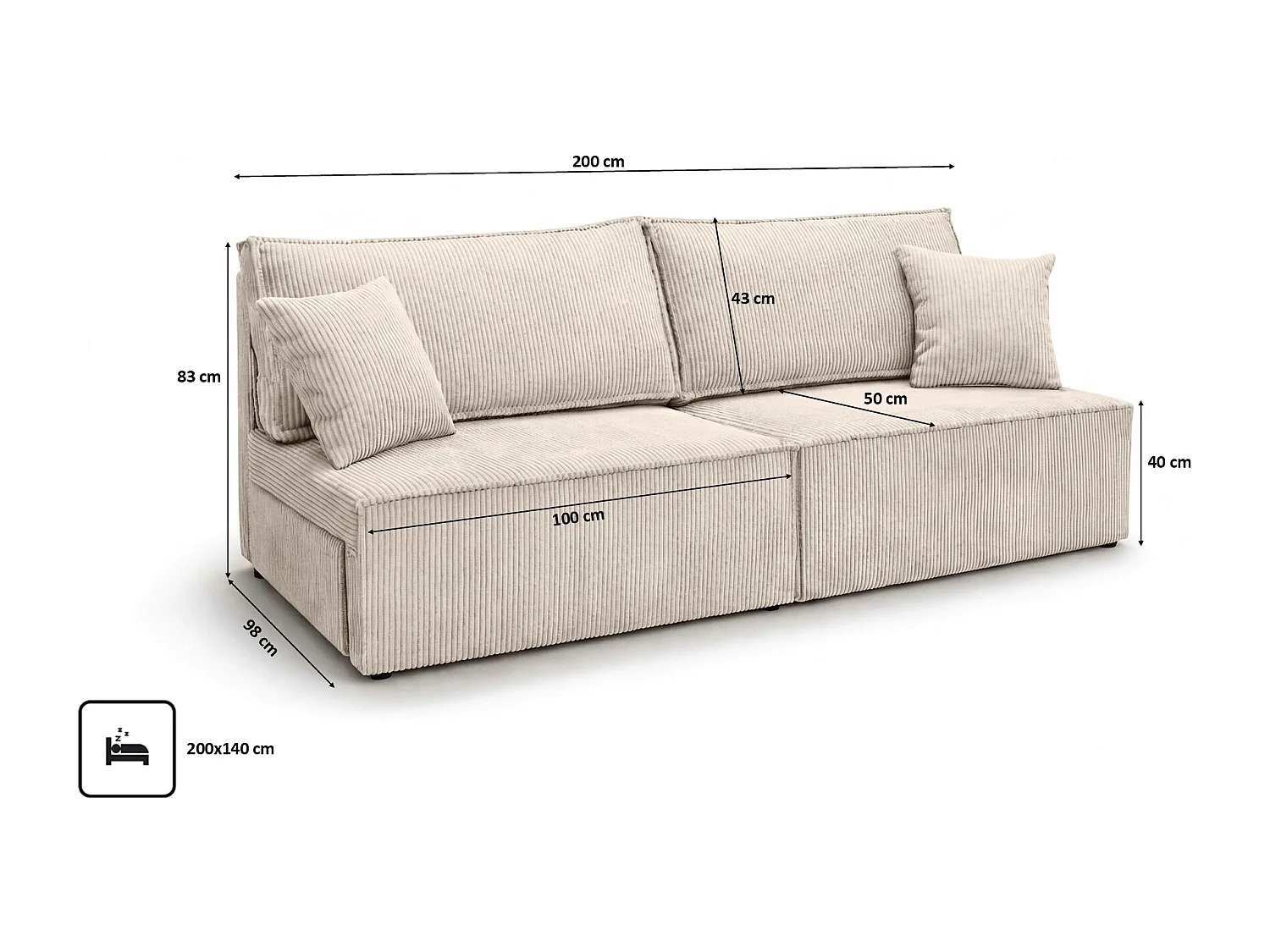 Sofa mit Schlaffunktion und Bettkasten, Cordstoff Poso, Beige, BEST MINI