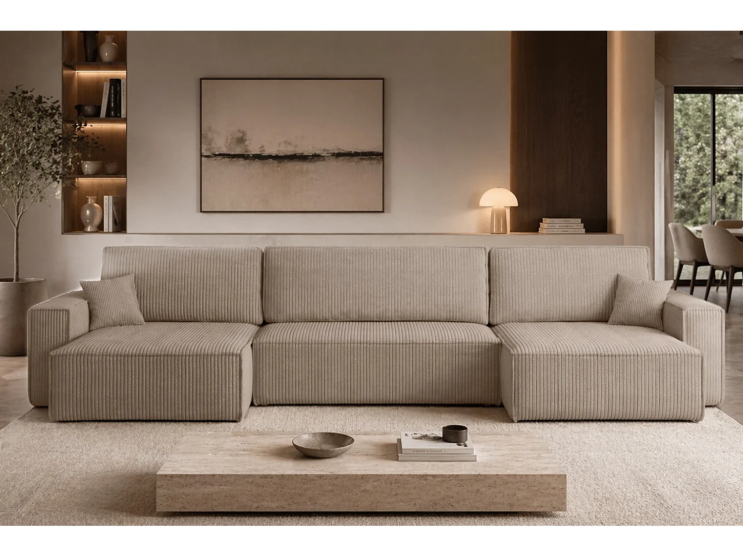 Canapé d’angle en U avec fonction couchage et coffre de rangement, tissu Poso velours côtelé épais, Beige foncé, BEST U XL