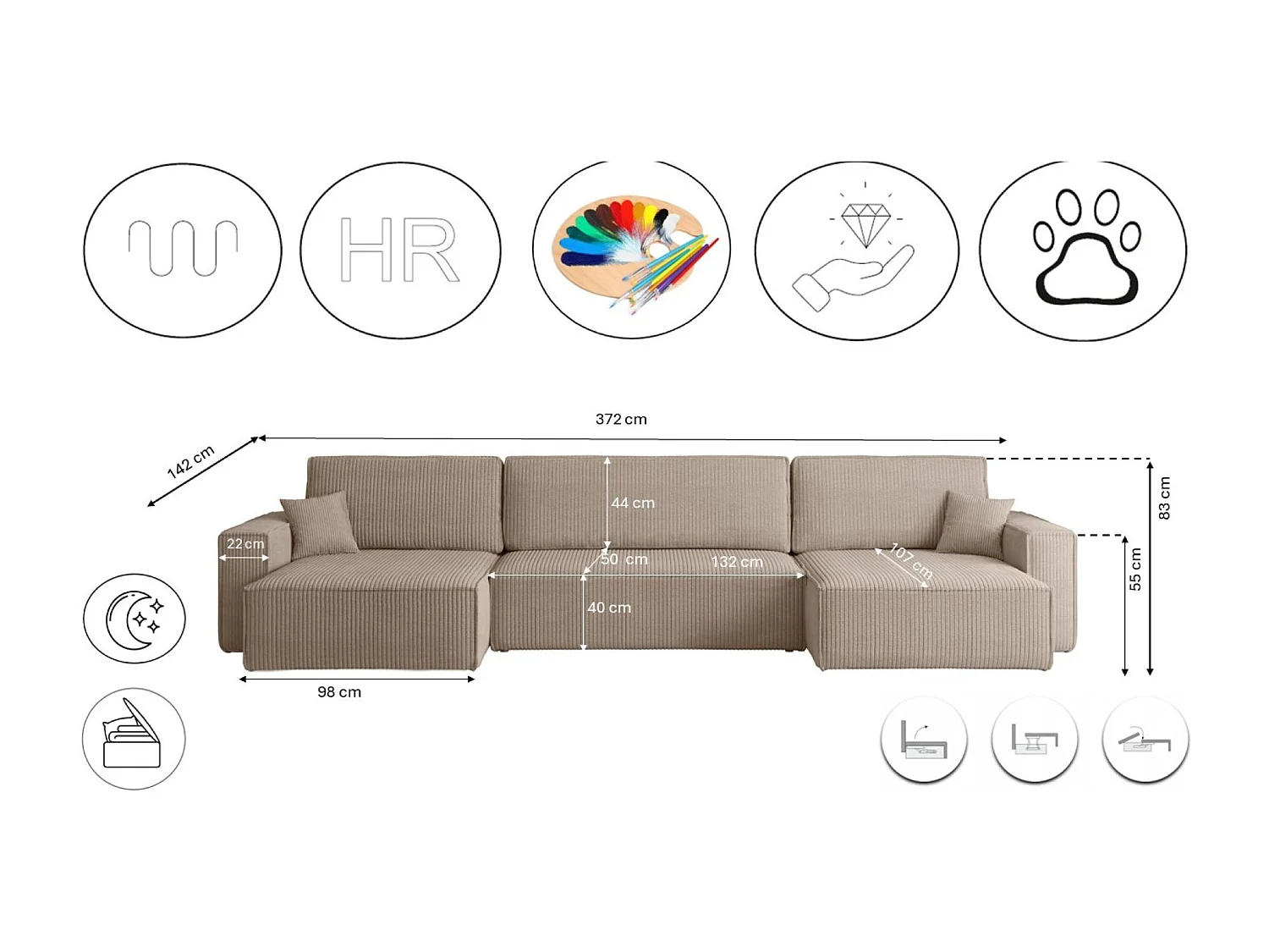 Canapé d’angle en U avec fonction couchage et coffre de rangement, tissu Poso velours côtelé épais, Beige foncé, BEST U XL