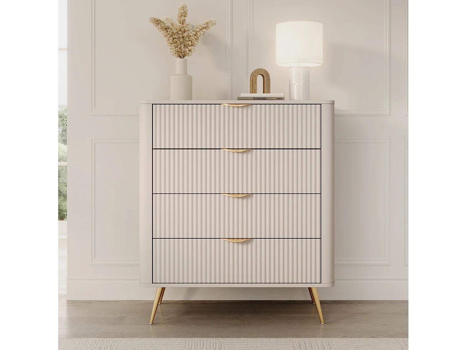 Commode Flore avec 4 Tiroirs, Façades Cannelées et Pieds en Métal Doré - Beige et Or