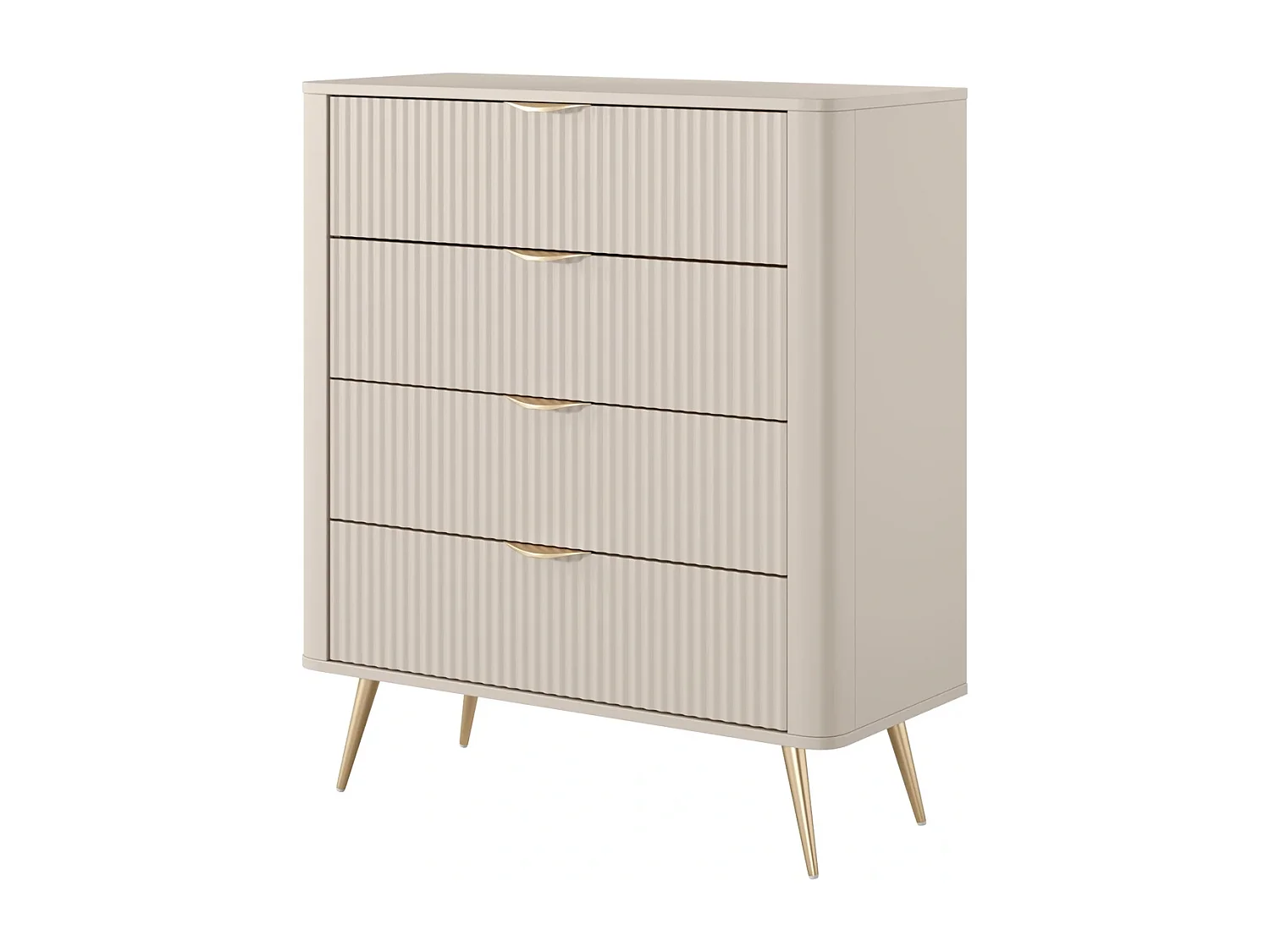 Commode Flore avec 4 Tiroirs, Façades Cannelées et Pieds en Métal Doré - Beige et Or