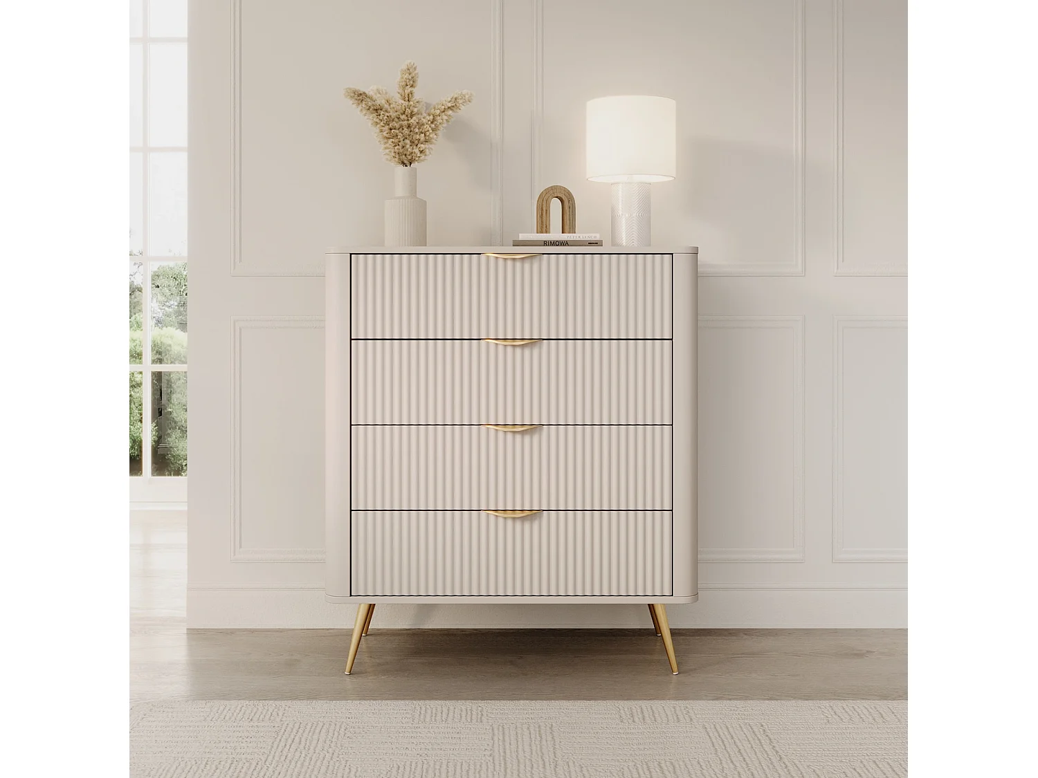 Commode Flore avec 4 Tiroirs, Façades Cannelées et Pieds en Métal Doré - Beige et Or