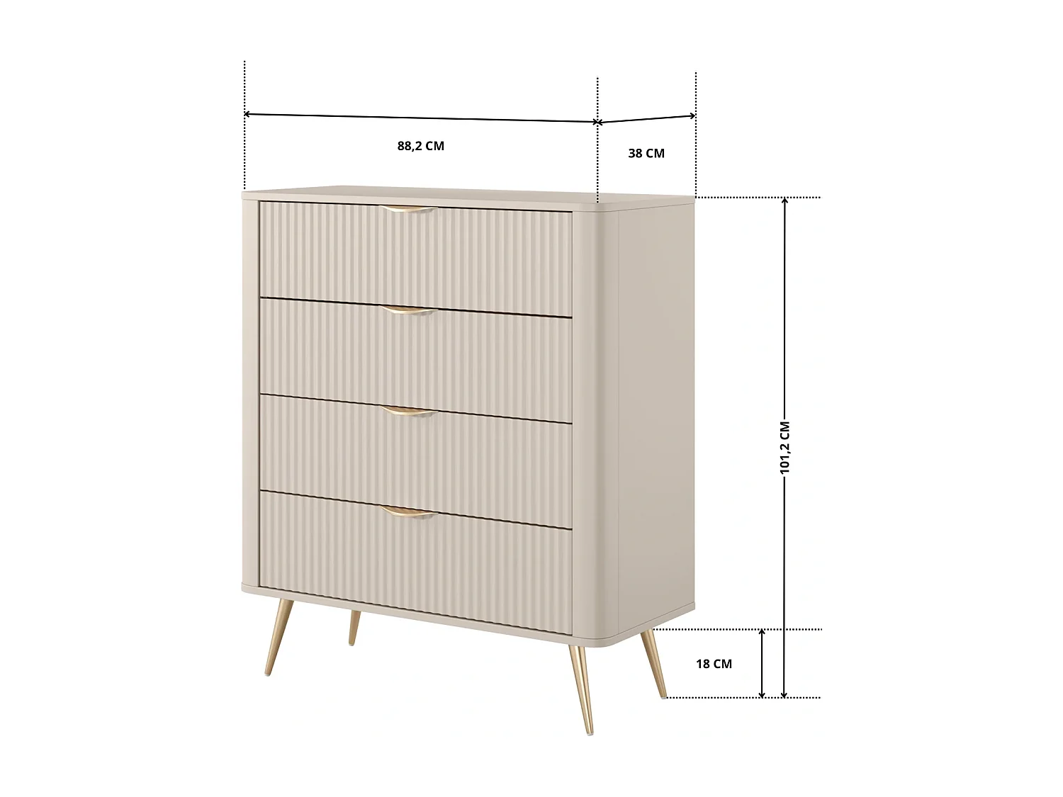 Commode Flore avec 4 Tiroirs, Façades Cannelées et Pieds en Métal Doré - Beige et Or