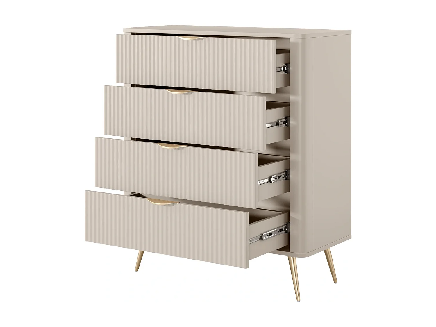 Commode Flore avec 4 Tiroirs, Façades Cannelées et Pieds en Métal Doré - Beige et Or