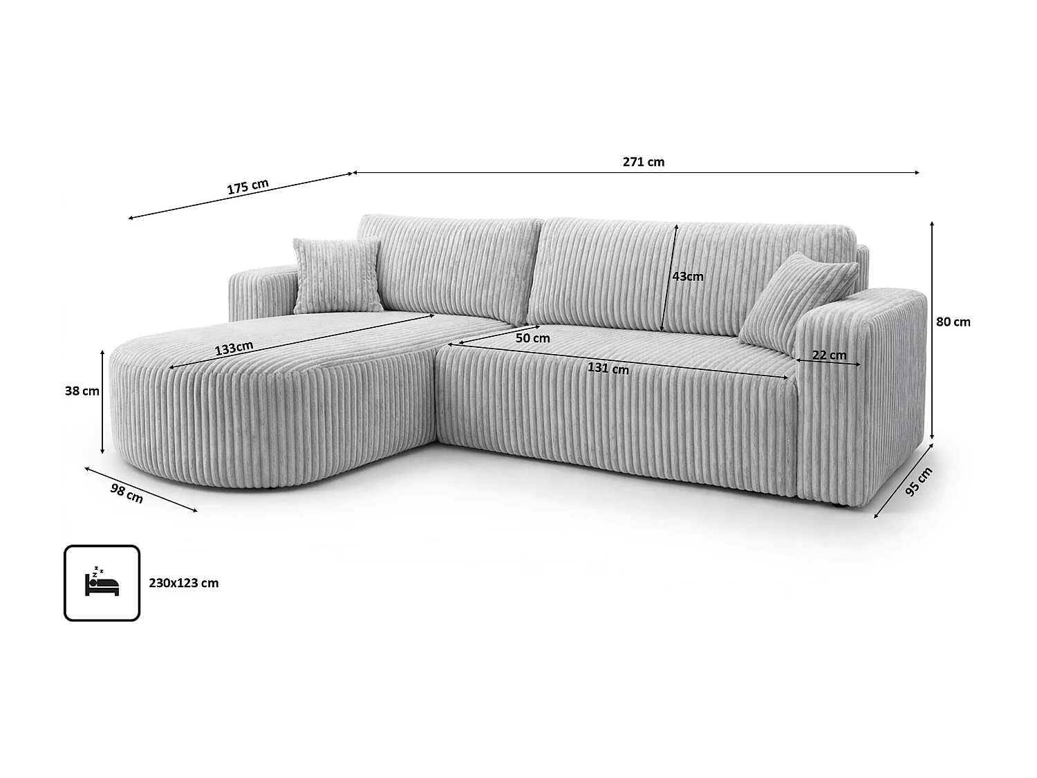 Hoekbank met slaapfunctie, koordstof Tilia, Grijs, Links, ROUND ONE XL