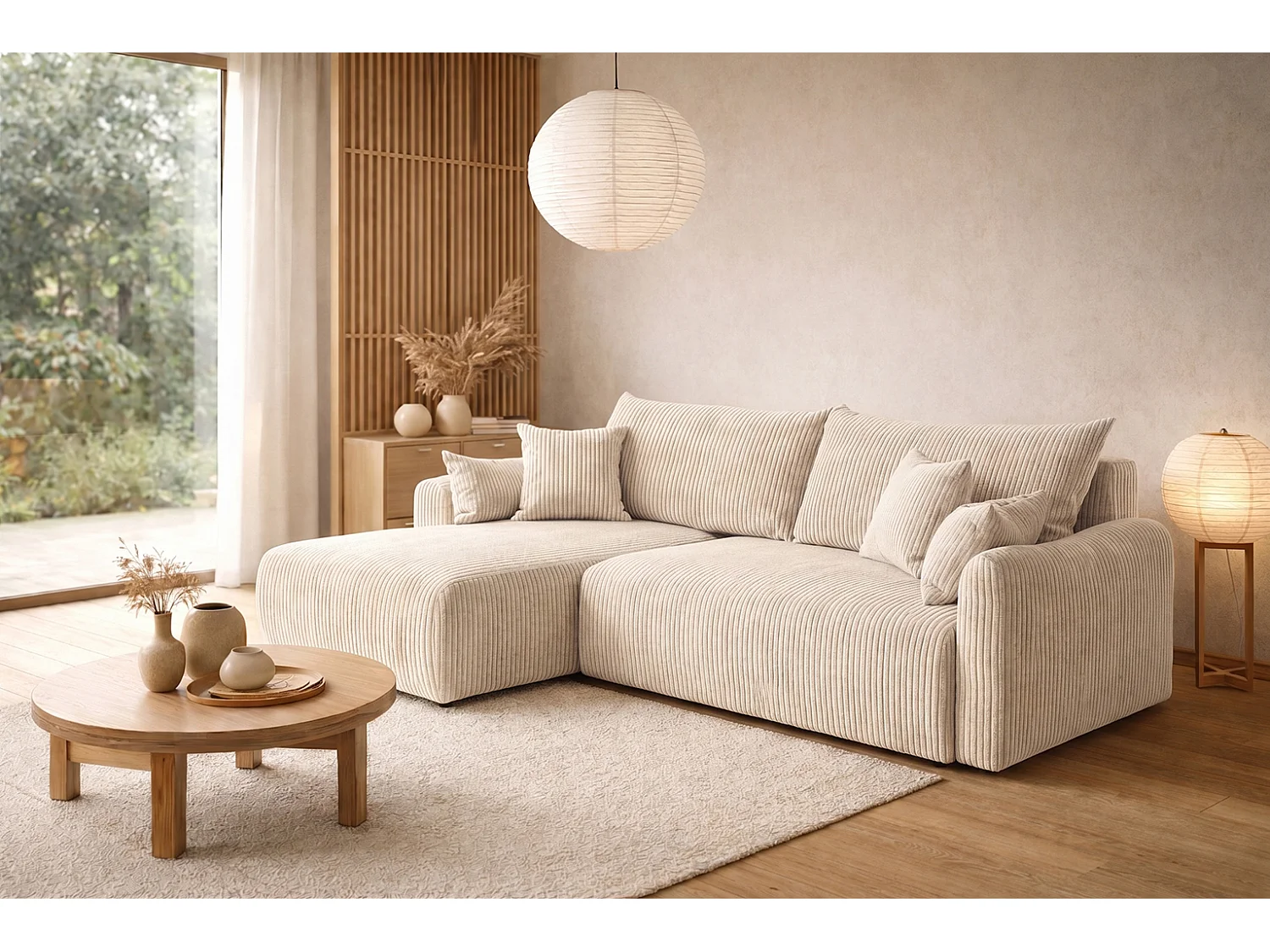 Ecksofa mit Schlaffunktion, Cordstoff Poso, Beige, Links, JAPANDI