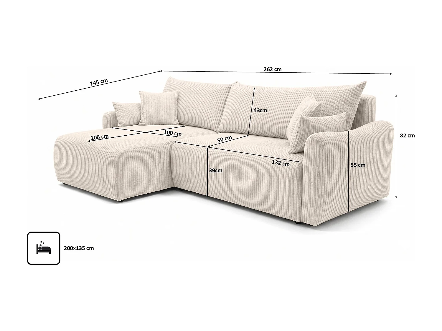 Ecksofa mit Schlaffunktion, Cordstoff Poso, Beige, Links, JAPANDI