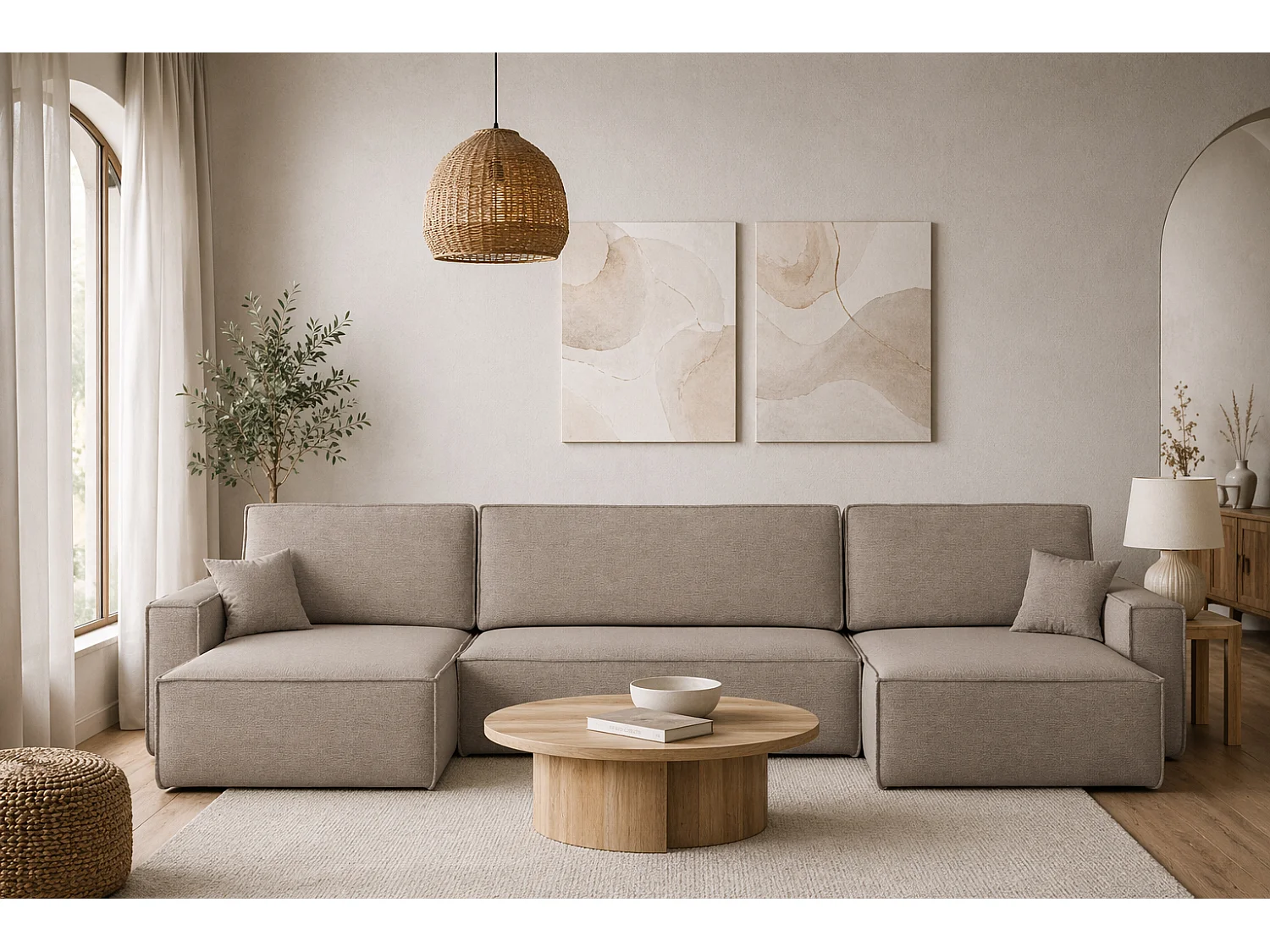 Canapé d’angle en U avec fonction couchage et coffre de rangement, tissu Verita, Beige chaud, BEST U XL