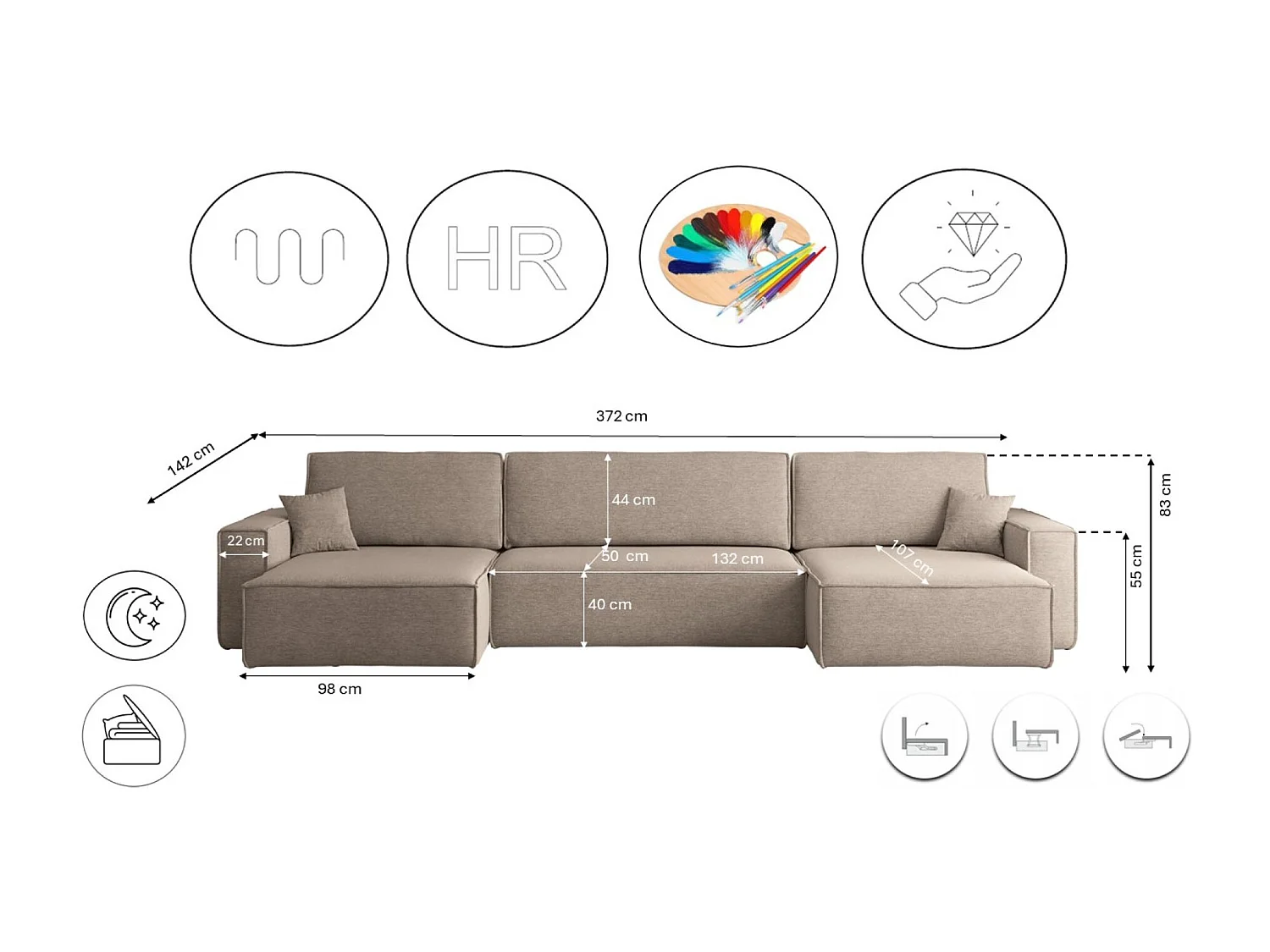 Canapé d’angle en U avec fonction couchage et coffre de rangement, tissu Verita, Beige chaud, BEST U XL