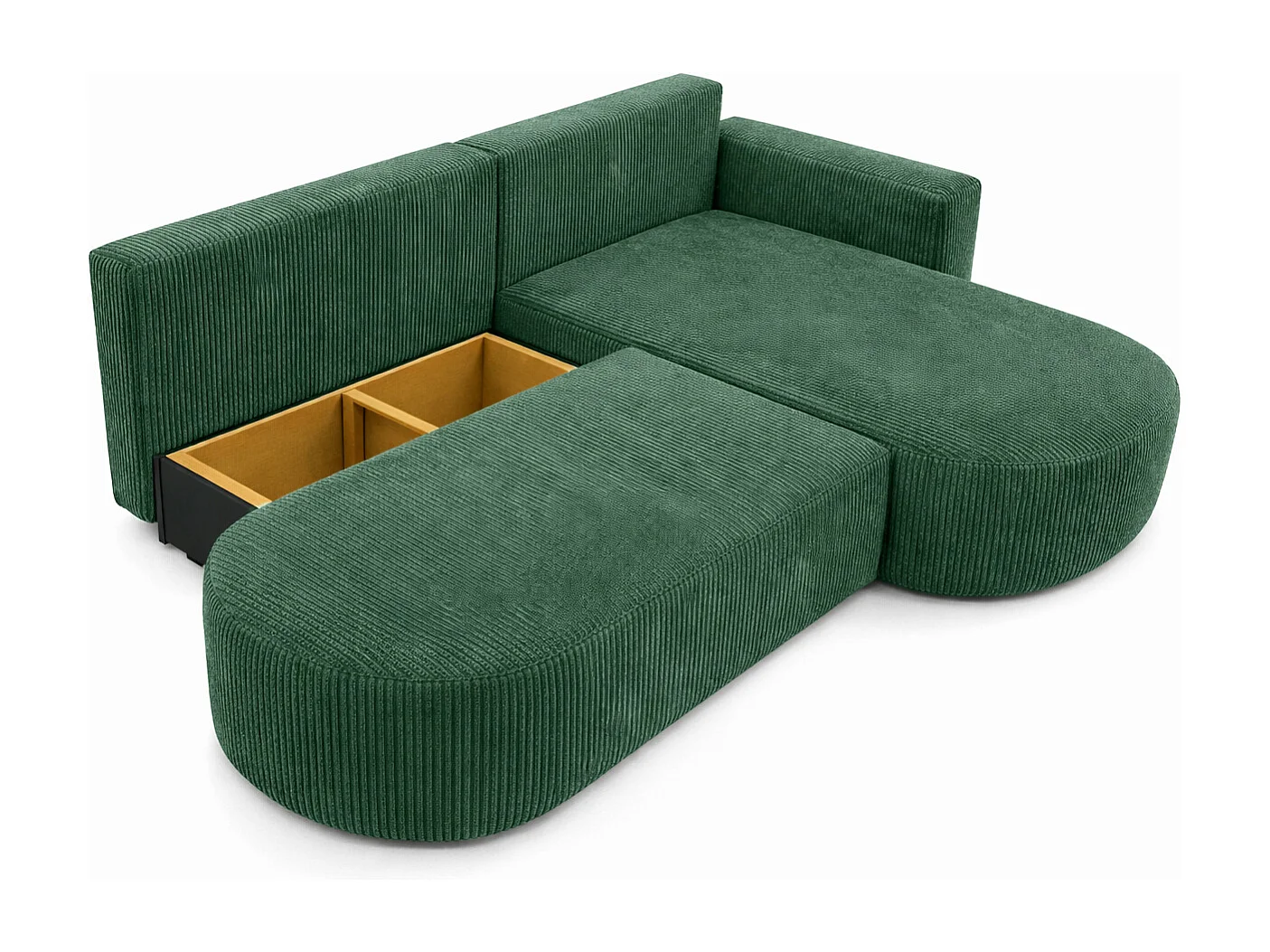 Canapé d’angle convertible avec coffre de rangement, tissu côtelé Poso, Vert, Droite, ROUND ONE OPEN XL