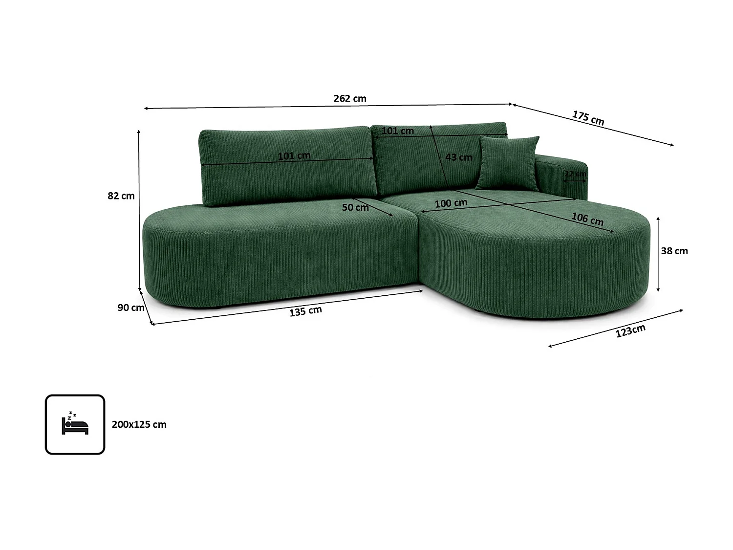 Canapé d’angle convertible avec coffre de rangement, tissu côtelé Poso, Vert, Droite, ROUND ONE OPEN XL