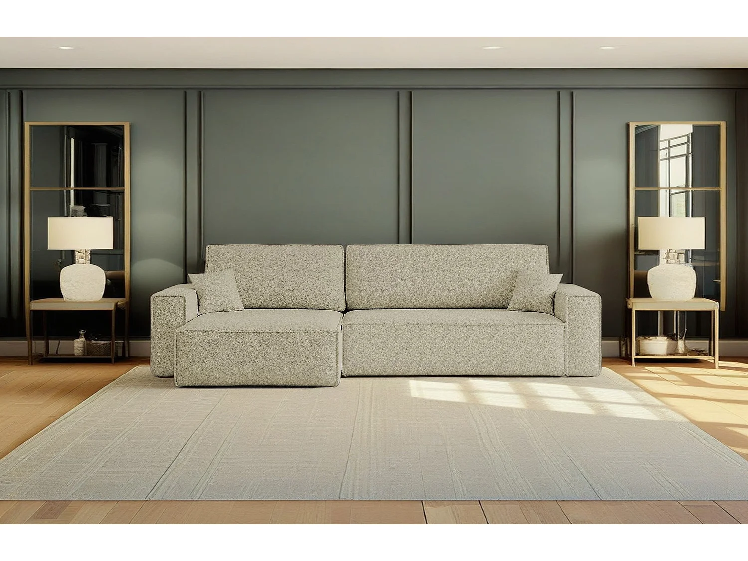 Canapé d’angle en L avec fonction couchage et coffre de rangement, tissu Quelle, Beige, Gauche, BEST XL