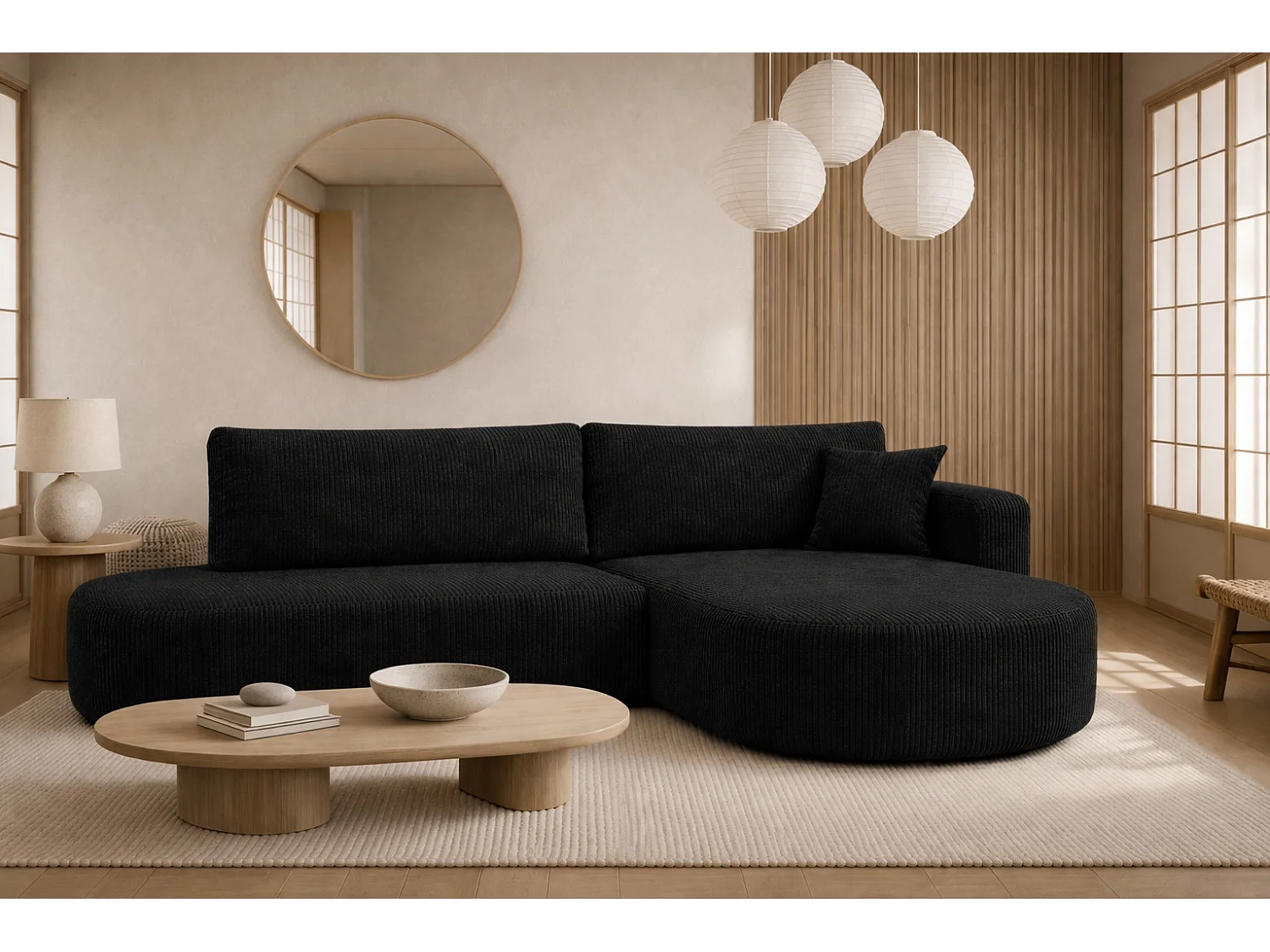 Canapé d’angle convertible avec coffre de rangement, tissu côtelé Poso, Noir, Droite, ROUND ONE OPEN XL