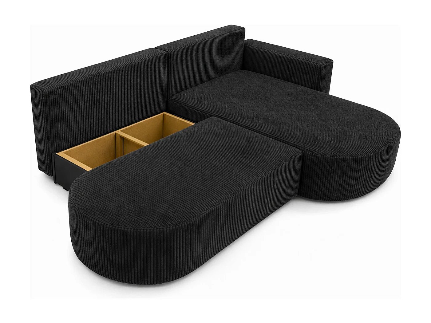 Canapé d’angle convertible avec coffre de rangement, tissu côtelé Poso, Noir, Droite, ROUND ONE OPEN XL