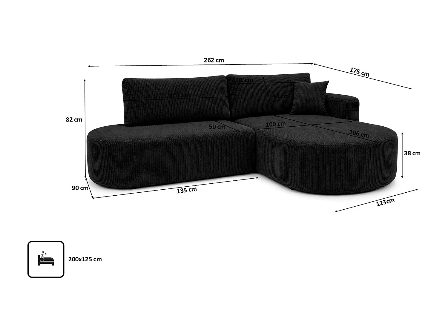 Canapé d’angle convertible avec coffre de rangement, tissu côtelé Poso, Noir, Droite, ROUND ONE OPEN XL
