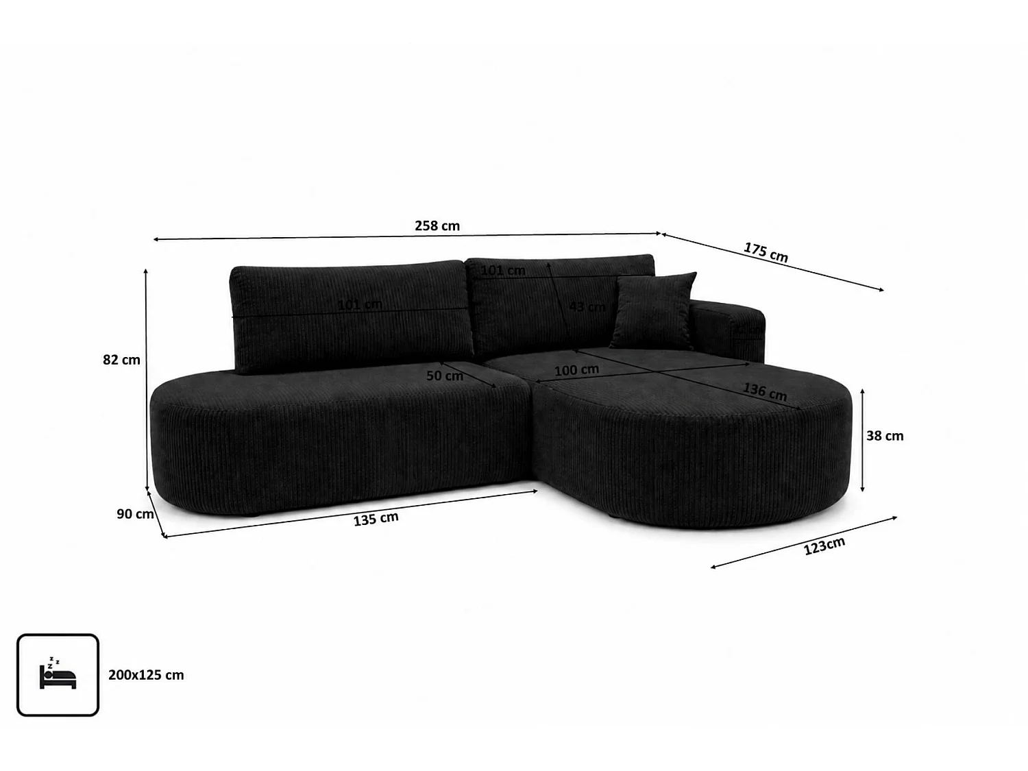 Canapé d'angle droit convertible 4 places avec coffre en tissu côtelé noir ONE