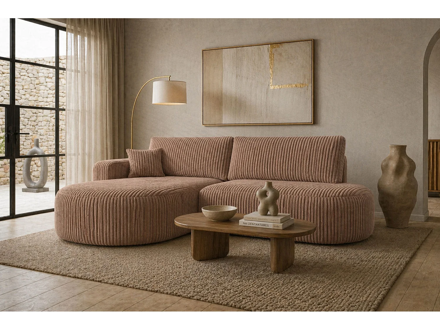 Canapé d’angle convertible avec coffre de rangement, tissu côtelé Tilia, Marron, Gauche, ROUND ONE OPEN XL