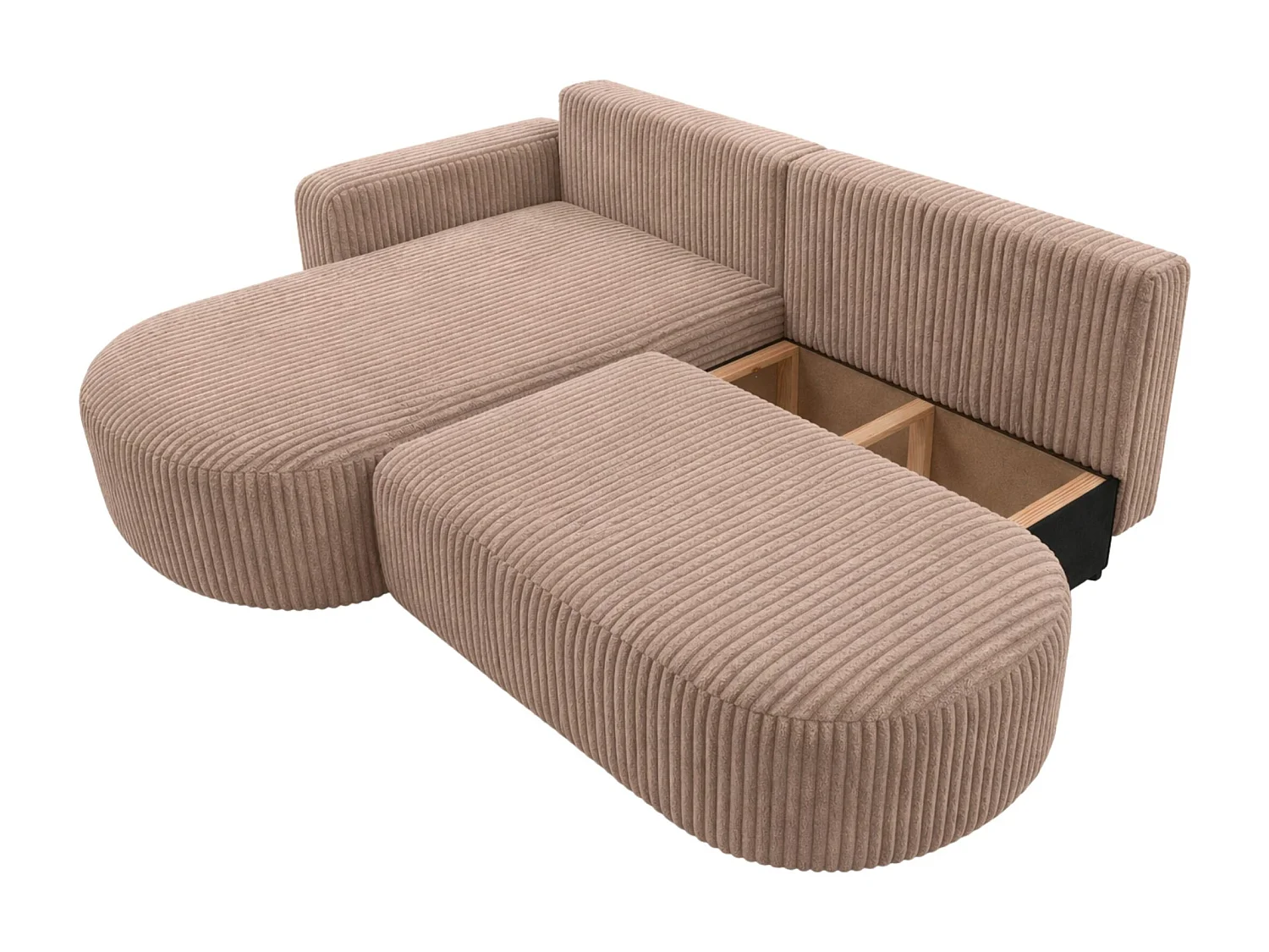 Canapé d’angle convertible avec coffre de rangement, tissu côtelé Tilia, Marron, Gauche, ROUND ONE OPEN XL