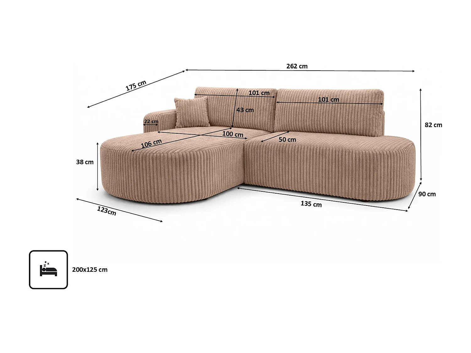 Canapé d’angle convertible avec coffre de rangement, tissu côtelé Tilia, Marron, Gauche, ROUND ONE OPEN XL