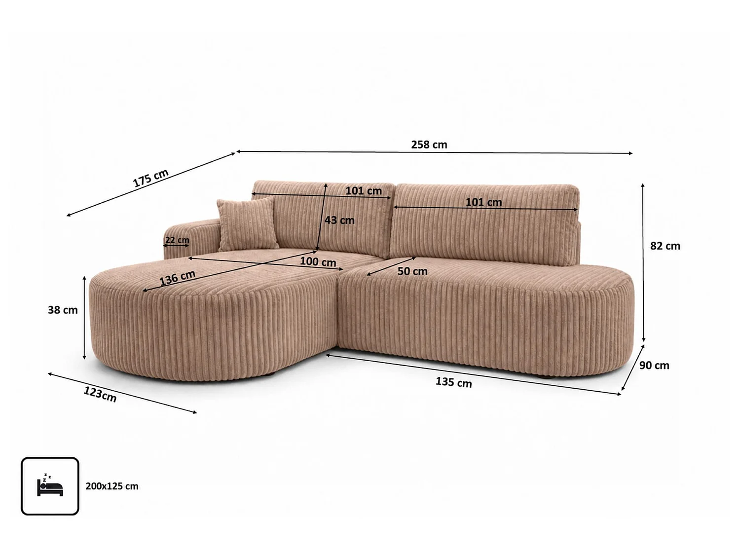 Canapé d'angle gauche convertible 4 places avec coffre en tissu côtelé marron ONE